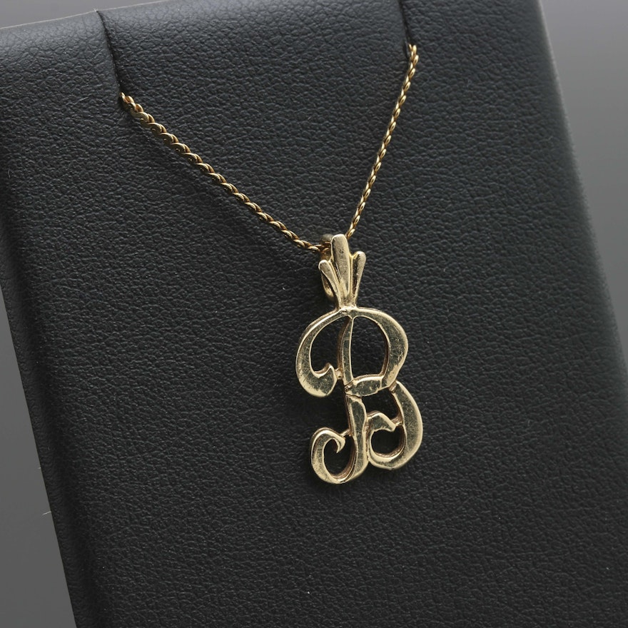 14K Yellow Gold Initial "B" Pendant Necklace