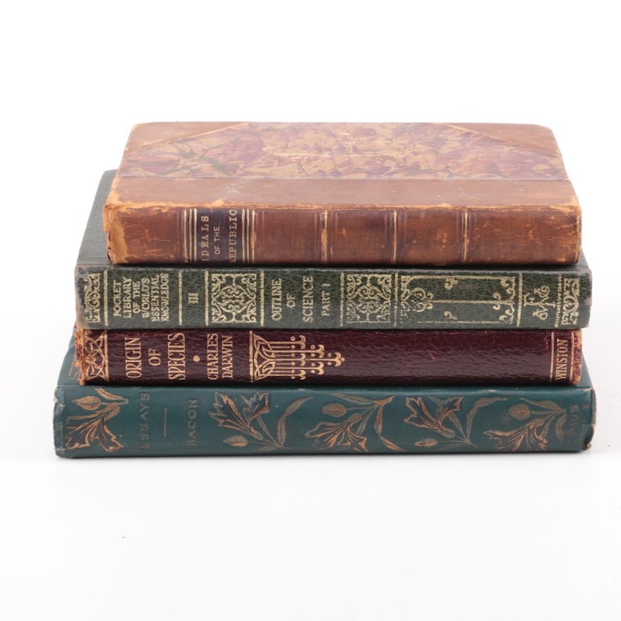 Collection of Antique and Vintage Non-Fiction Books Including "Origin of Species" by Charles Darwin