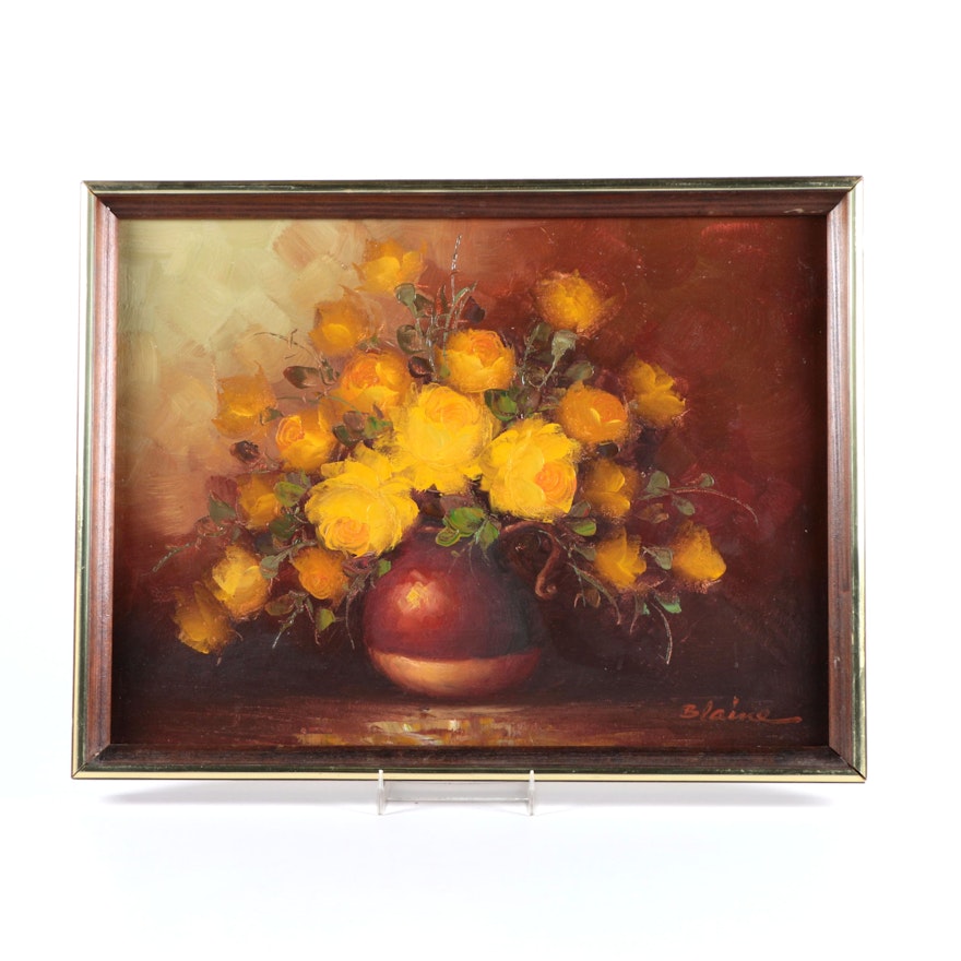 Signed Oil on Canvas Painting of Yellow Roses