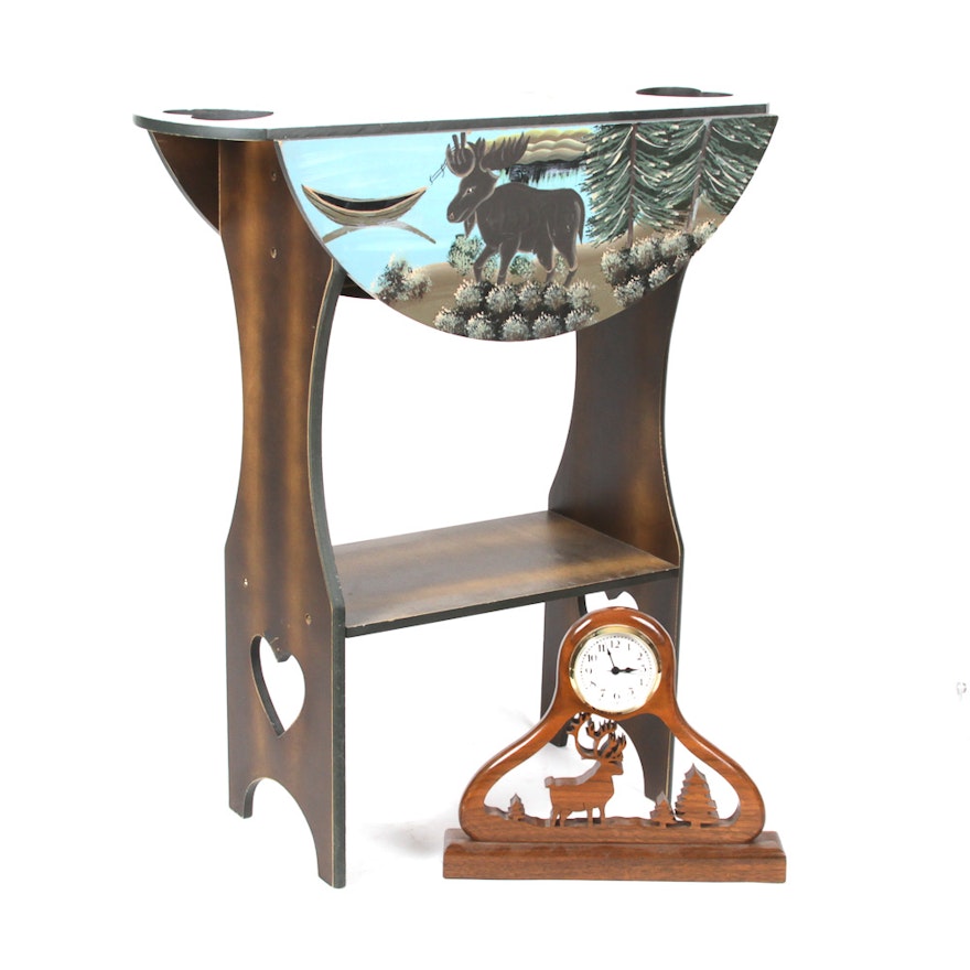 Folk Art Hand Painted Drop Side Accent Table and Clock by Dave Rankin