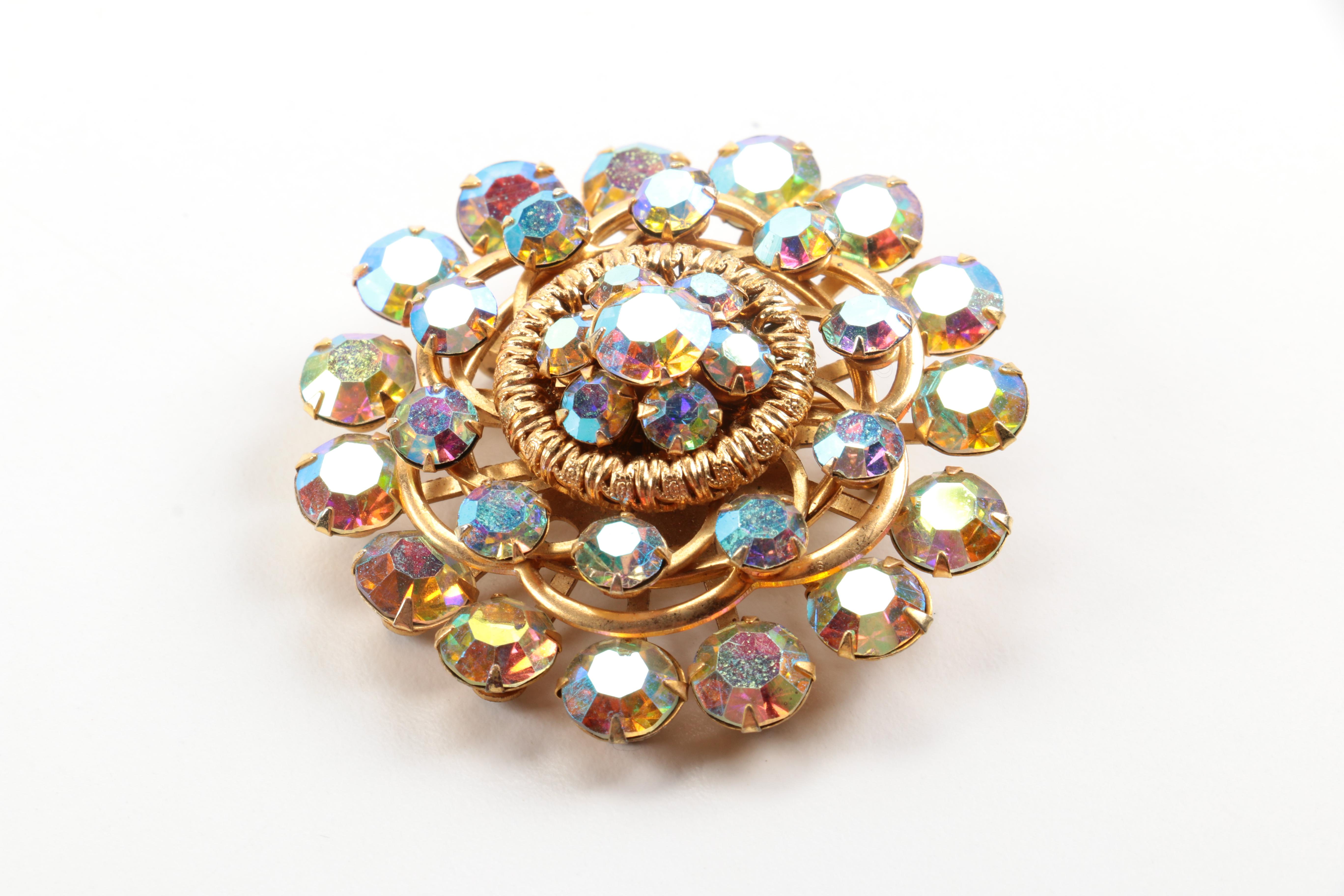 Assorted Gold Tone Jewelry With Aurora Borealis Rhinestones