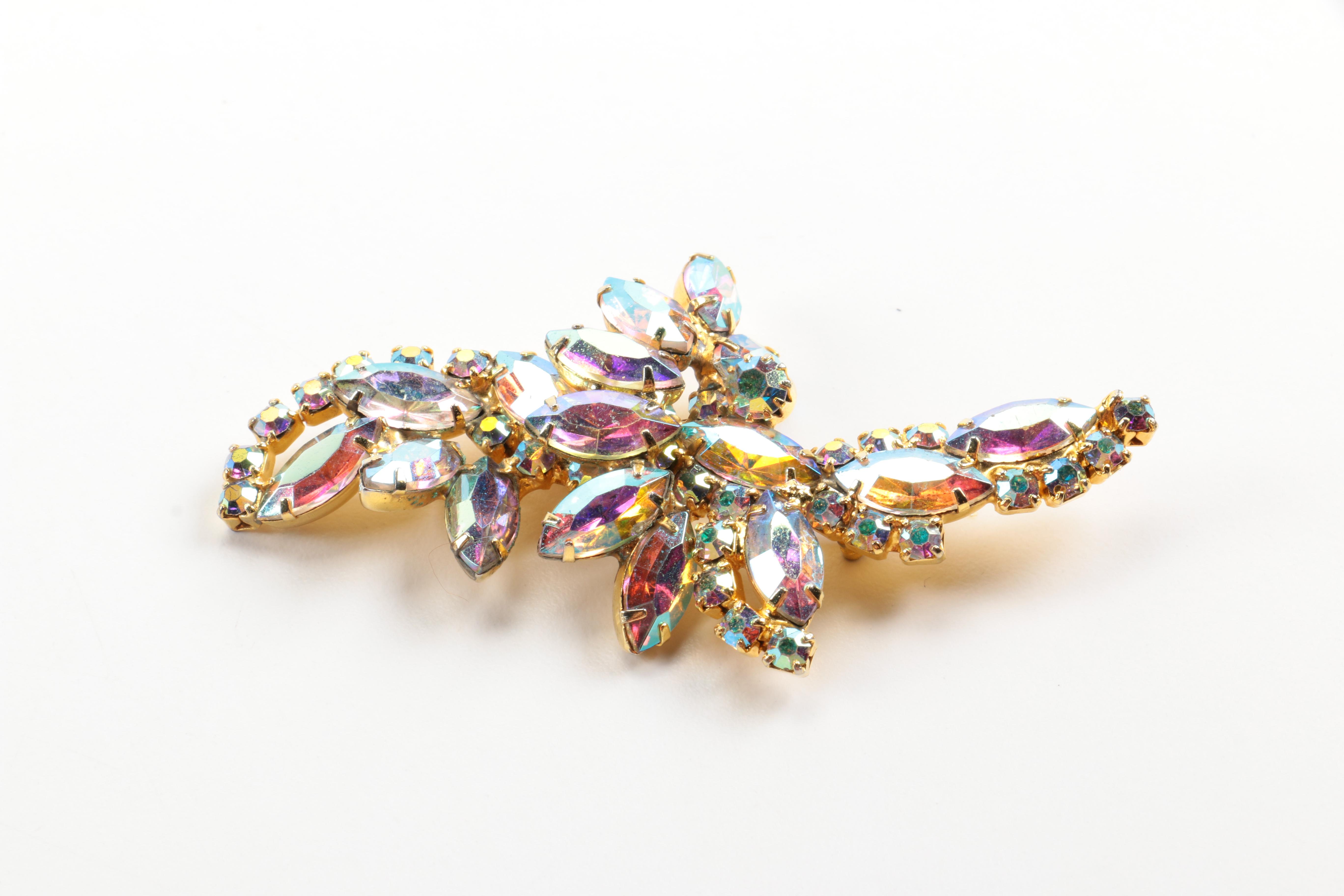 Assorted Gold Tone Jewelry With Aurora Borealis Rhinestones