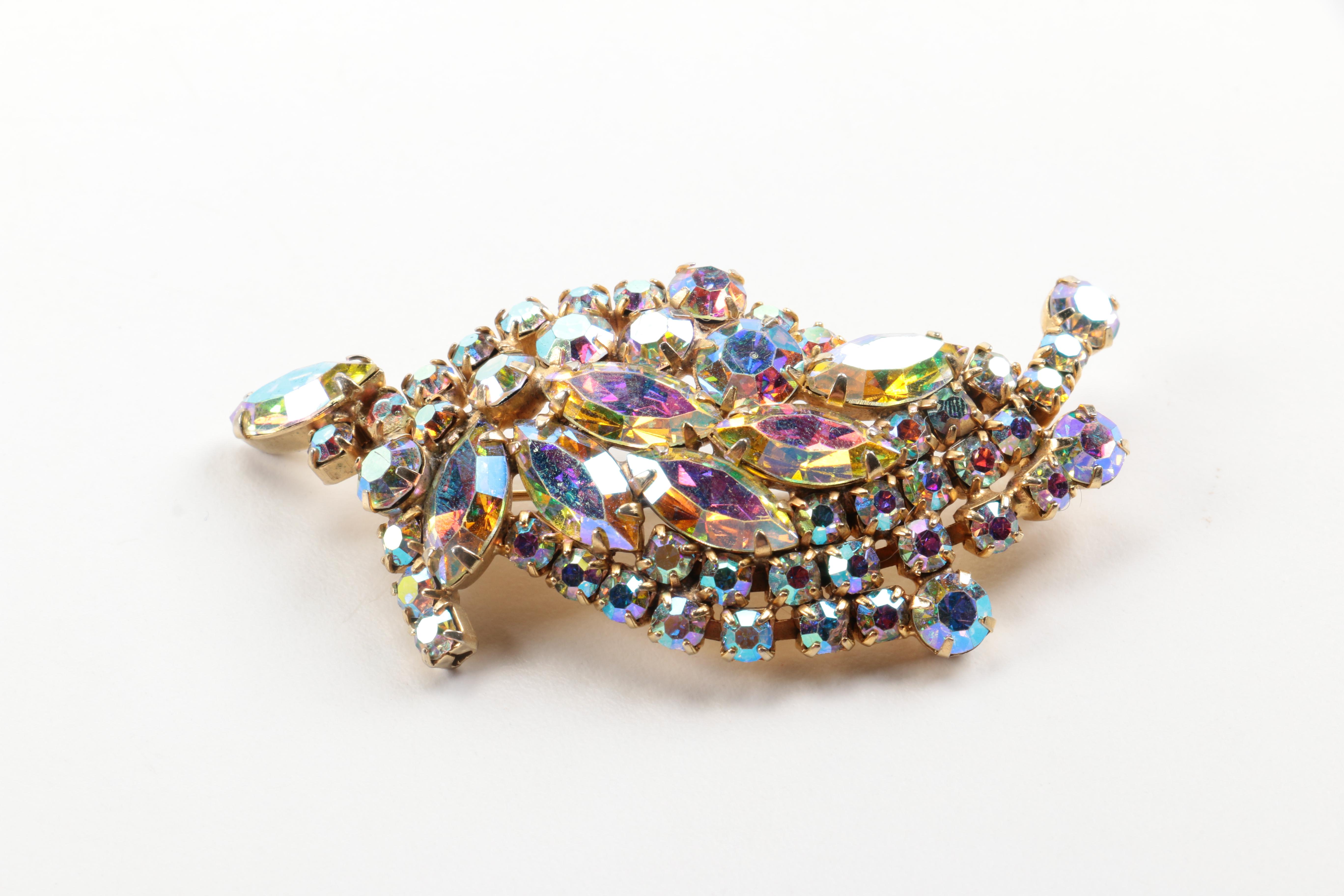 Assorted Gold Tone Jewelry With Aurora Borealis Rhinestones