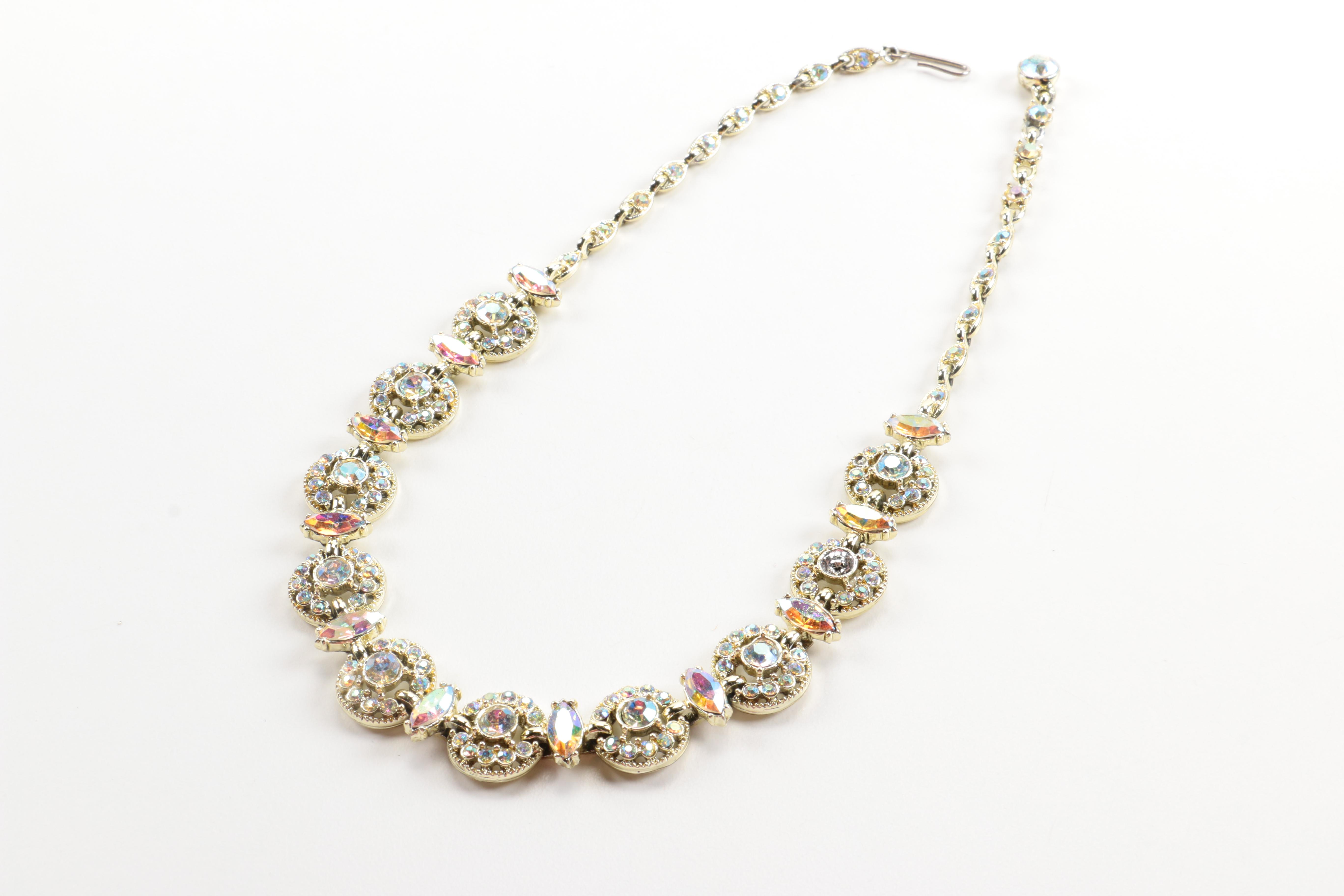 Assorted Gold Tone Jewelry With Aurora Borealis Rhinestones