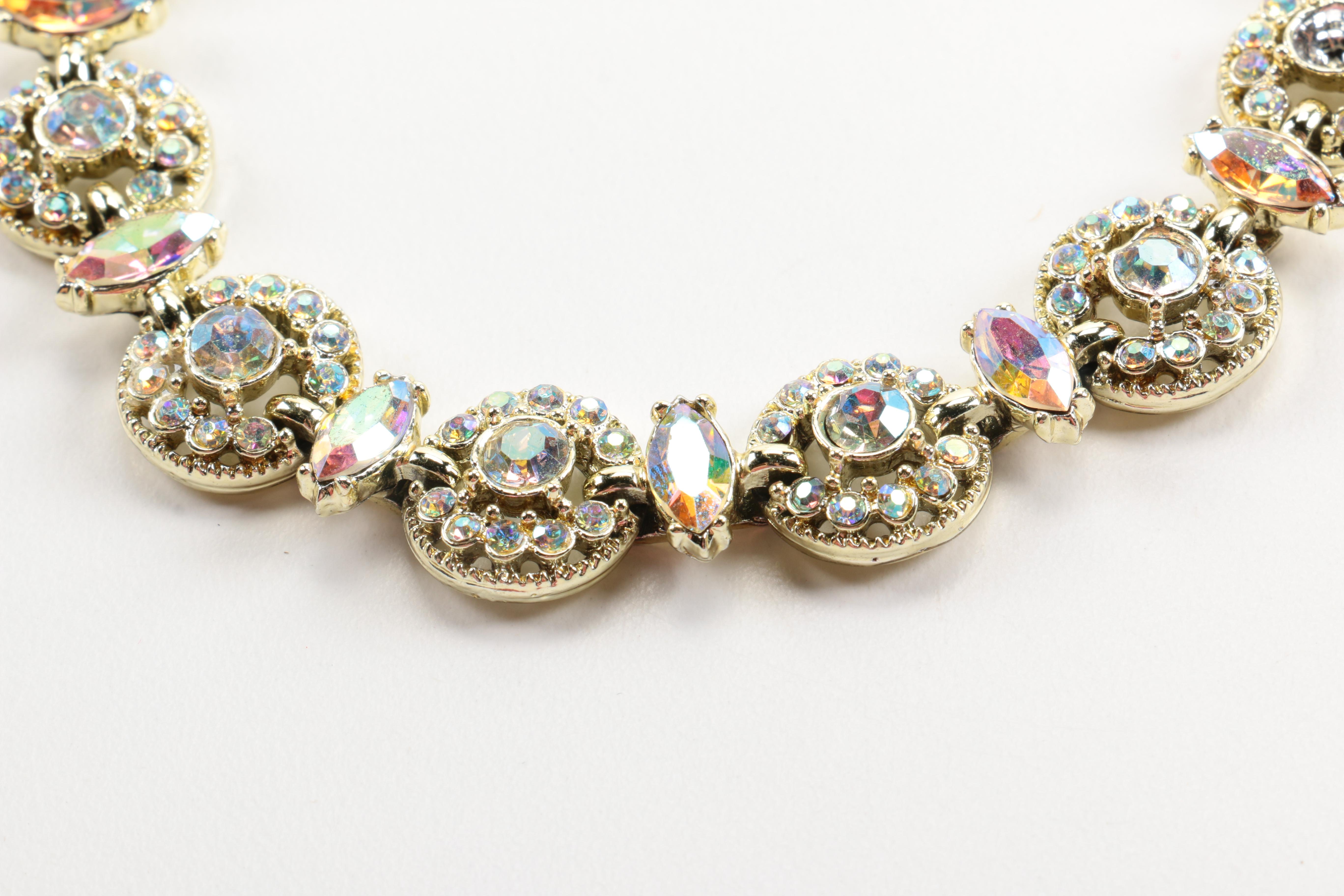 Assorted Gold Tone Jewelry With Aurora Borealis Rhinestones