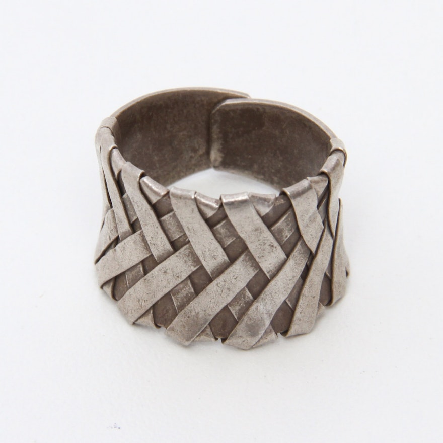 Vintage Sterling Silver Concave Band with Woven Detail