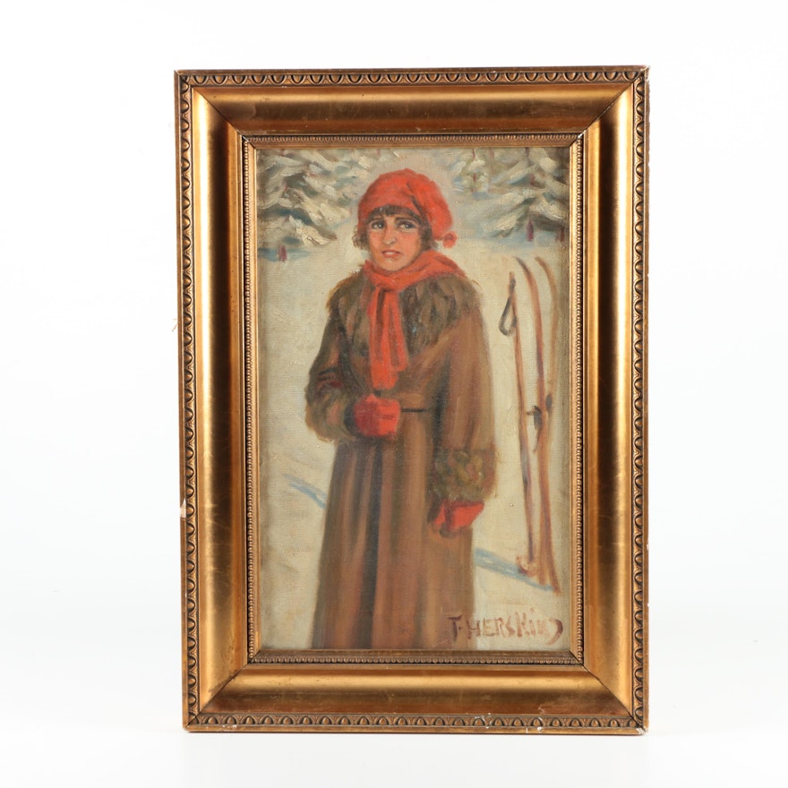 T. Herskind Oil Painting on Canvas of Woman in a Winter Landscape