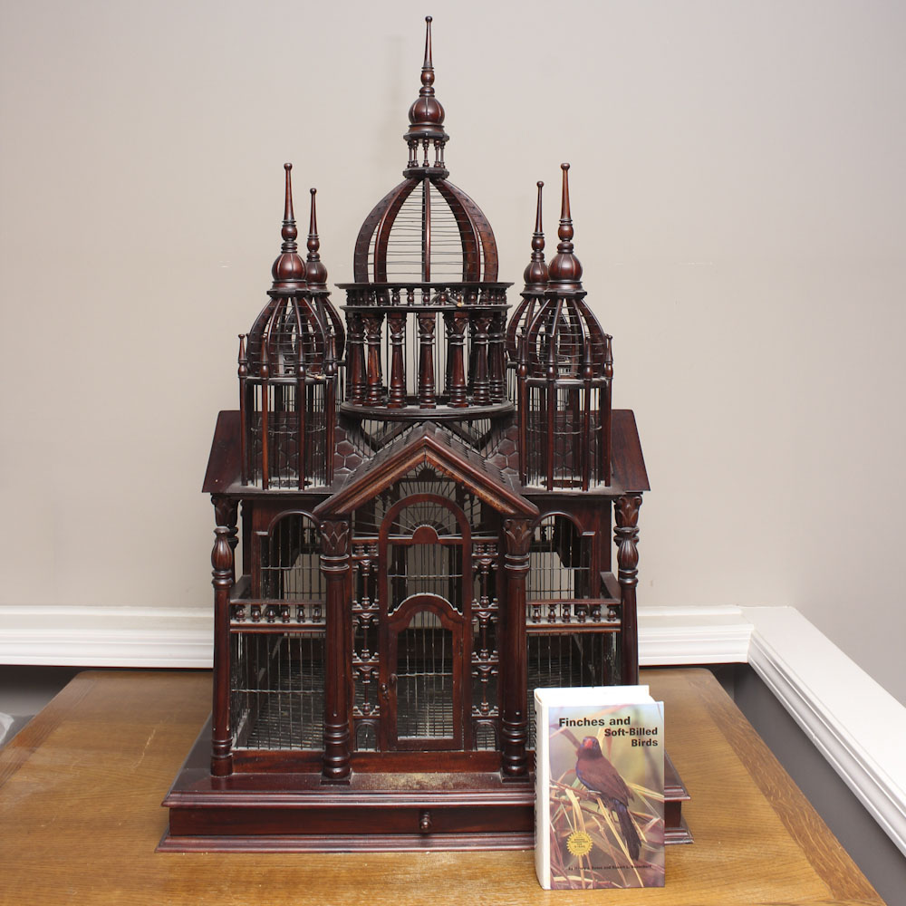 Vintage Mahogany Birdcage With Book "Finches & Soft-Billed Birds"