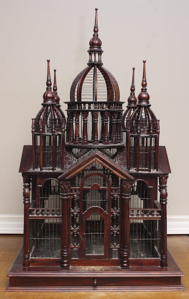 Vintage Mahogany Birdcage With Book "Finches & Soft-Billed Birds"