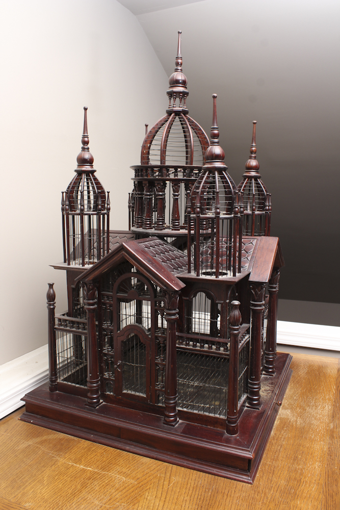 Vintage Mahogany Birdcage With Book "Finches & Soft-Billed Birds"