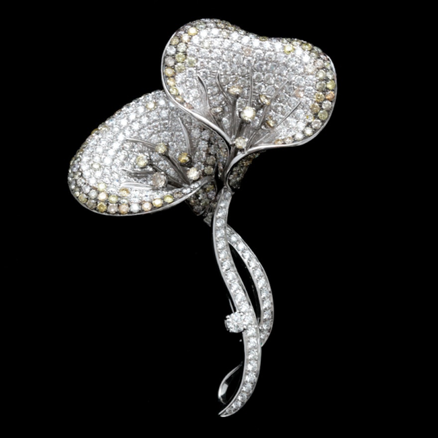 18K White Gold, 6.40 CTW Natural and Irradiated Diamond Calla Lily Brooch Pendant