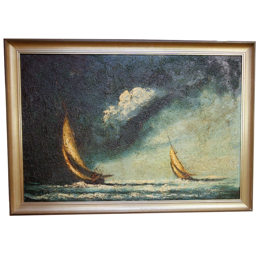 Mixed Media Acrylic Painting on Canvas of Sailboats
