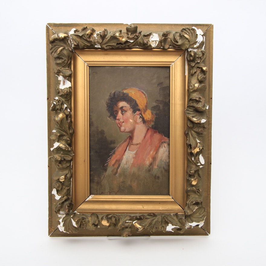 Antique Oil Painting on Academy Board of a Gypsy Woman