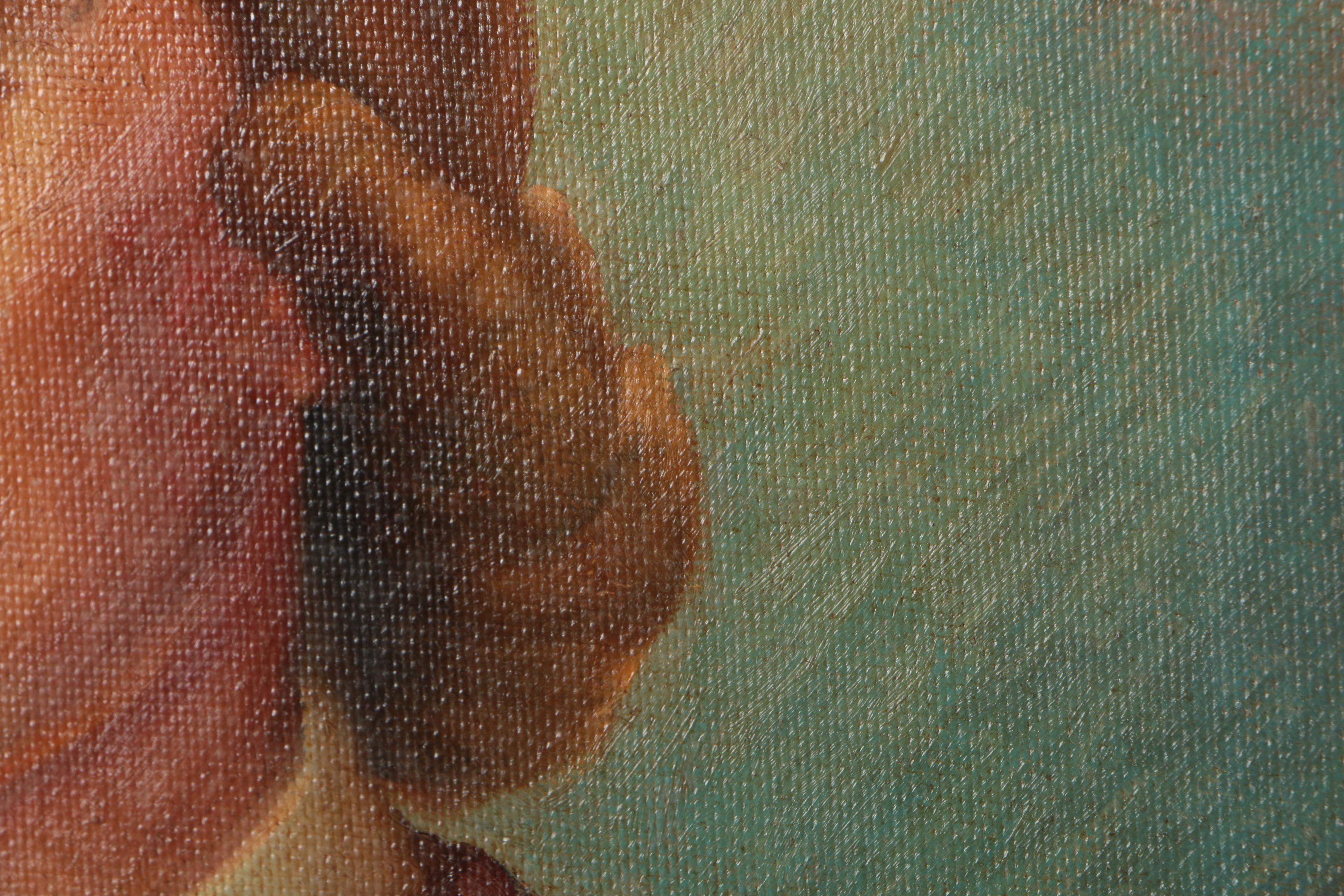 Carlo Nisita Mid-Century Oil Portrait on Canvas Board of Woman in Brown Jacket