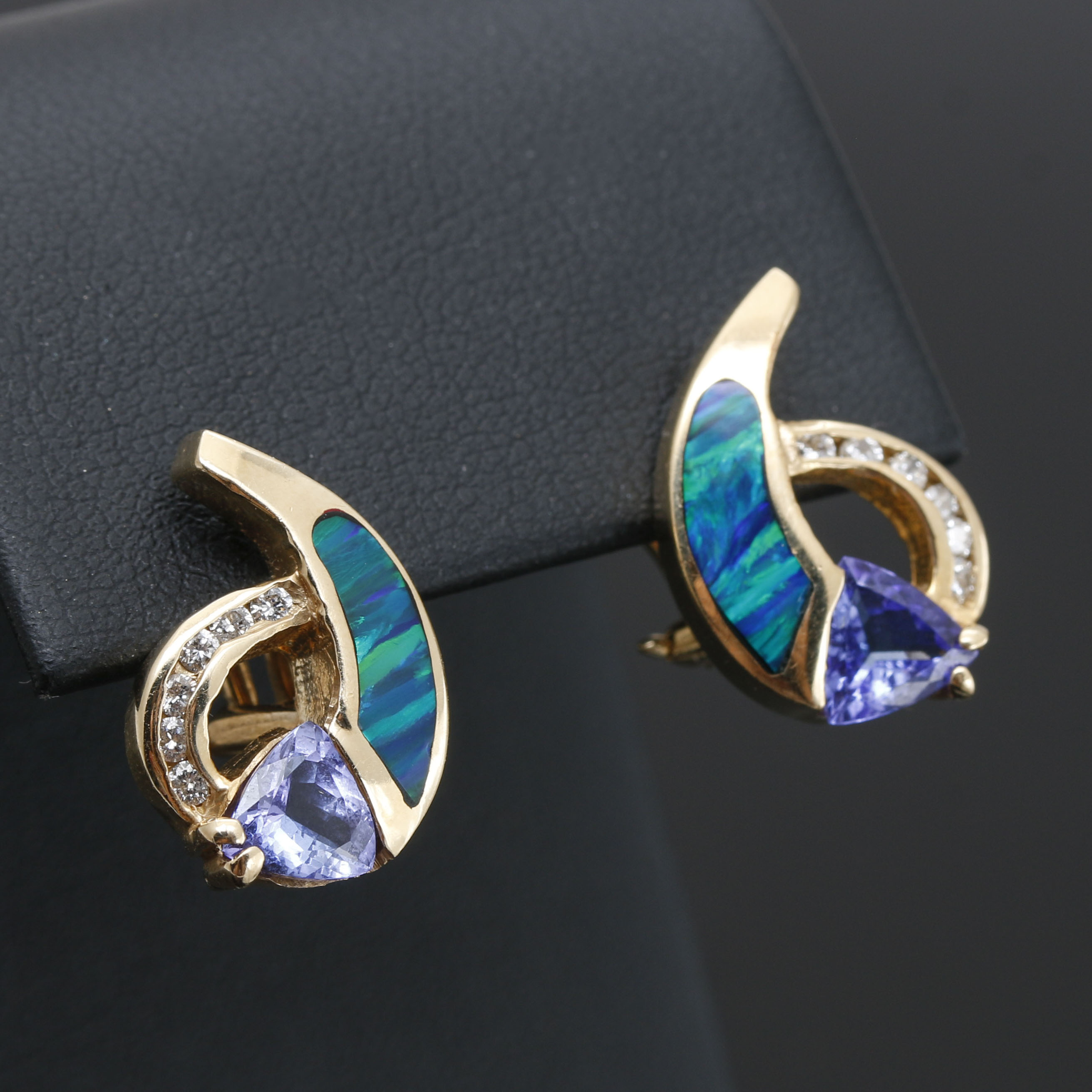 14K Yellow Gold Tanzanite, Opal and Diamond Stud Earrings