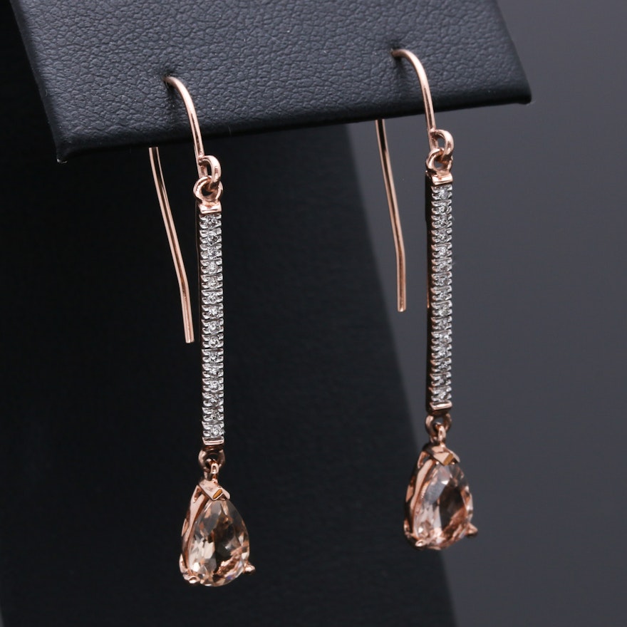 14K Rose Gold Morganite and Diamond Dangle Earrings