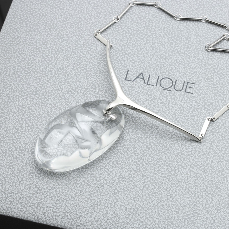 Lalique Sterling Silver Crystal Necklace with Storage Box