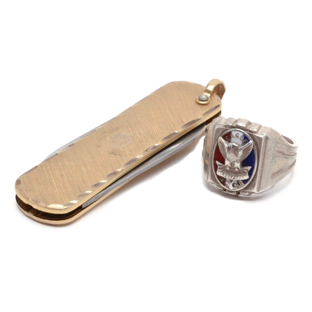 Sterling Silver Eagle Scott Ring and a Gold Tone Pocket Knife