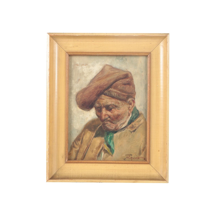 Roberto Figerio Oil Portrait on Canvas of a Peasant Man