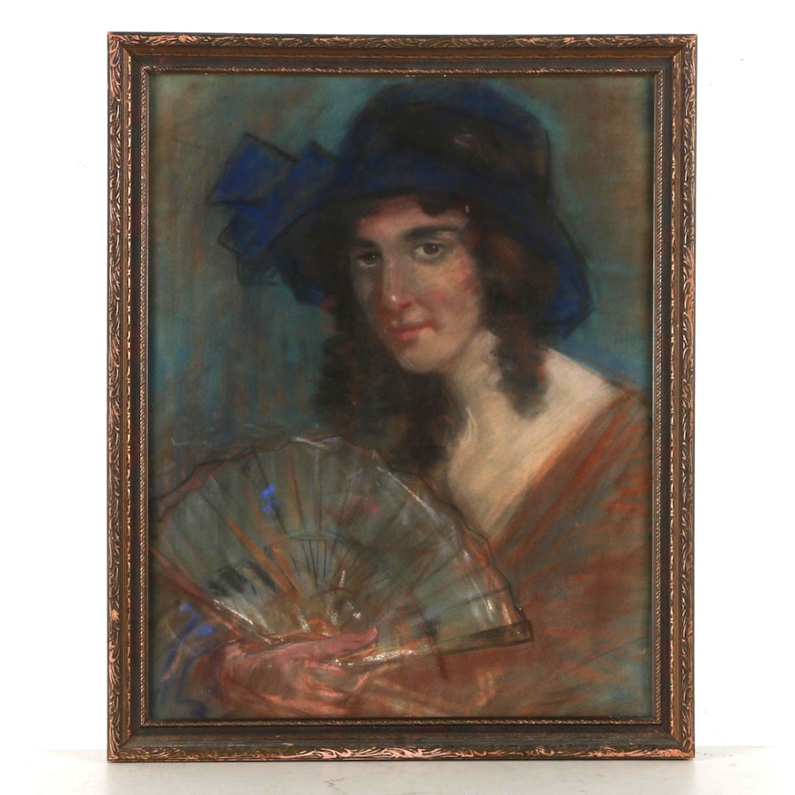 Signed Charcoal and Pastel Drawing on Paper Portrait of a Woman With a Fan
