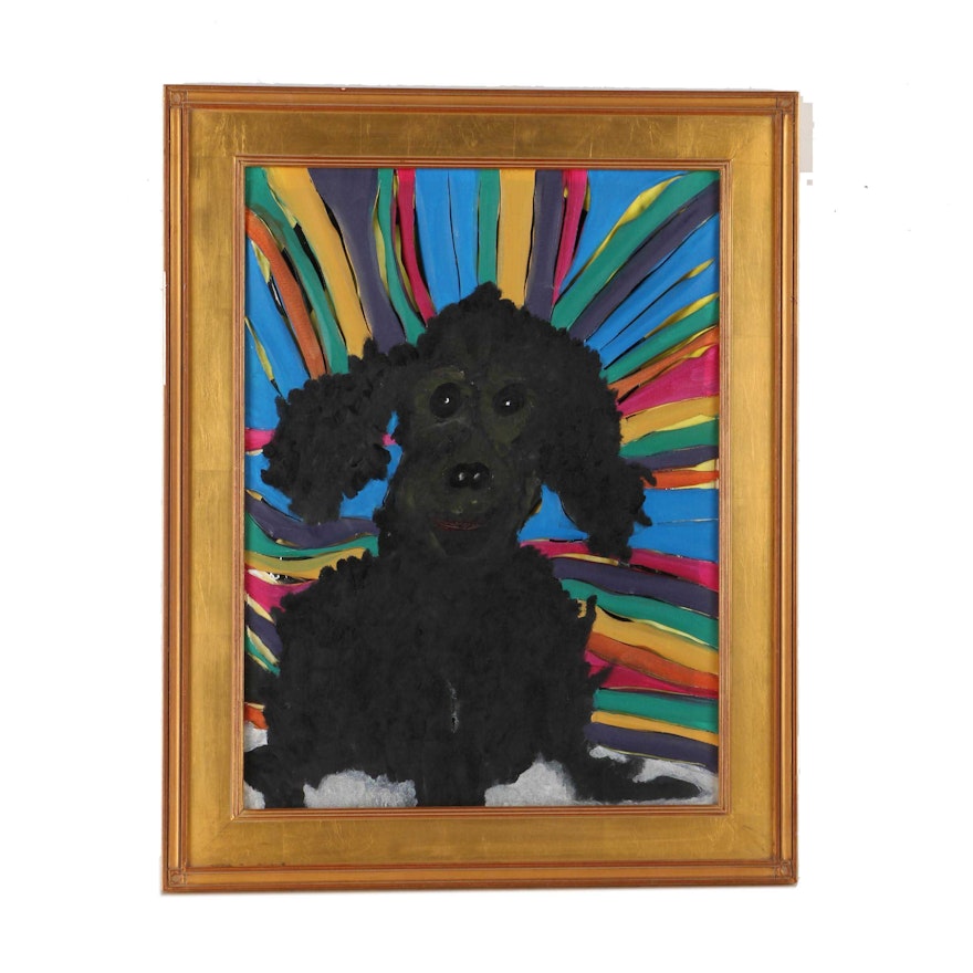 Acrylic Painting on Canvas of Smiling Poodle Against a Rainbow Background