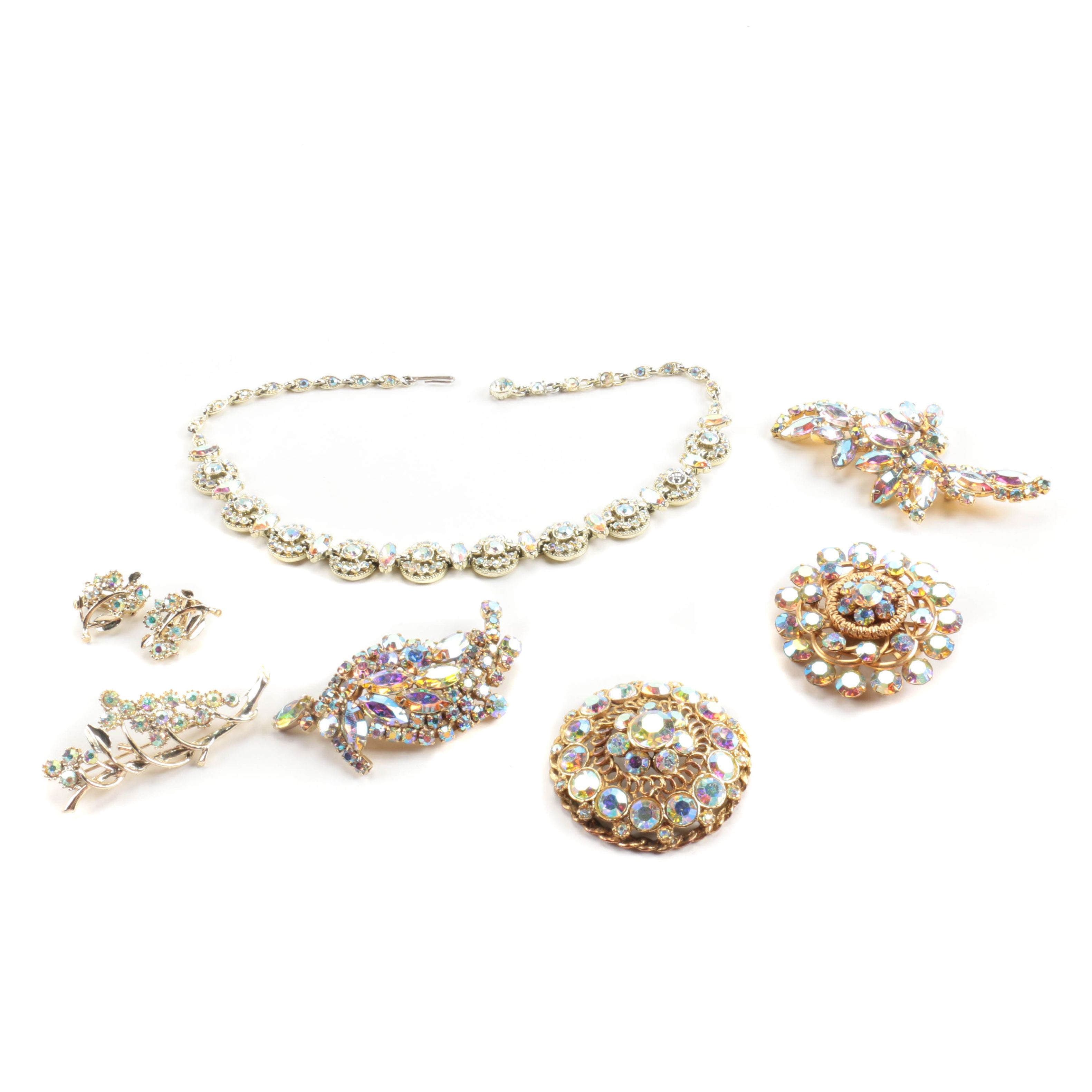 Assorted Gold Tone Jewelry With Aurora Borealis Rhinestones