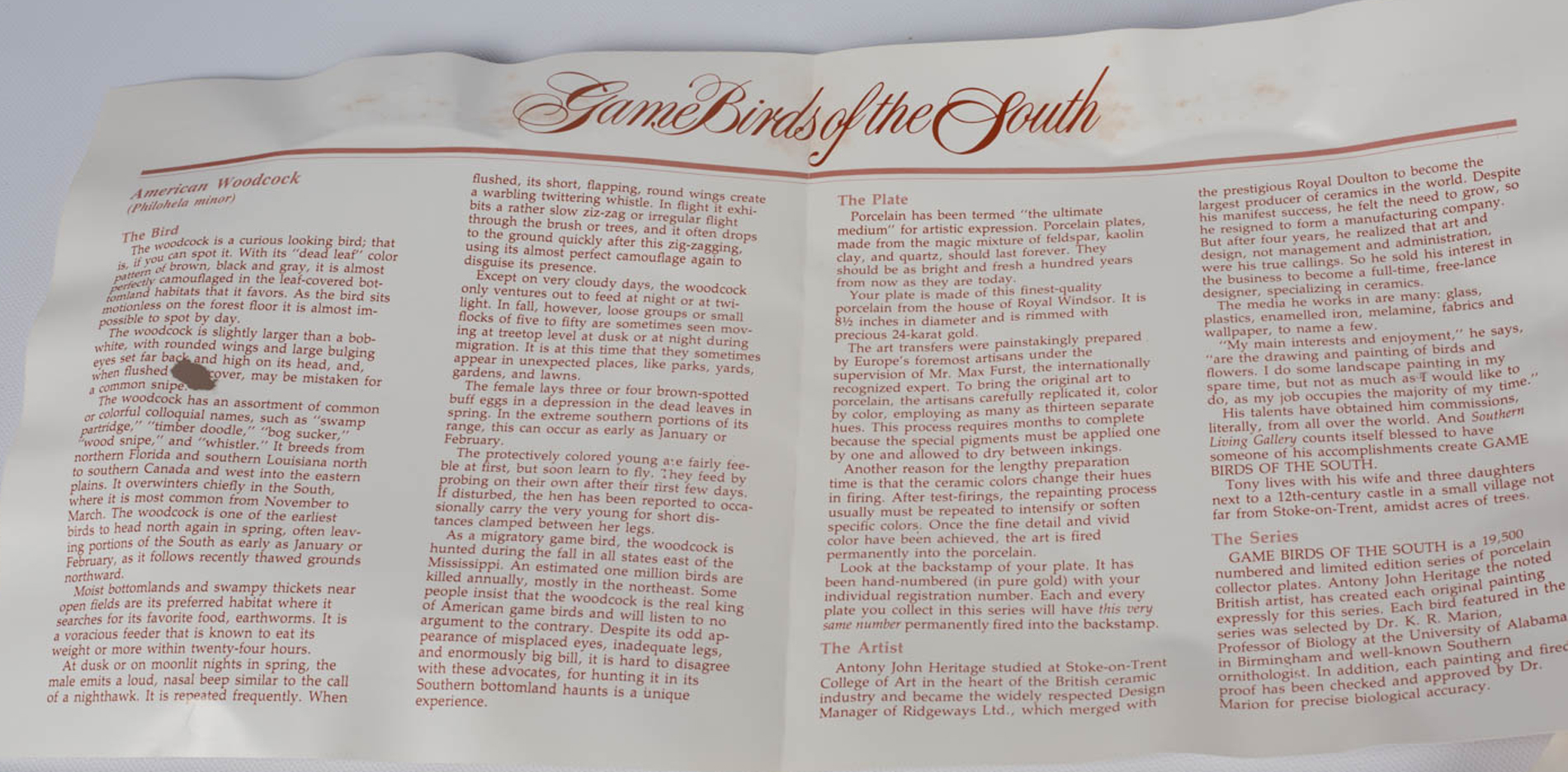 Southern Living "Game Birds of the South" Collector Plates