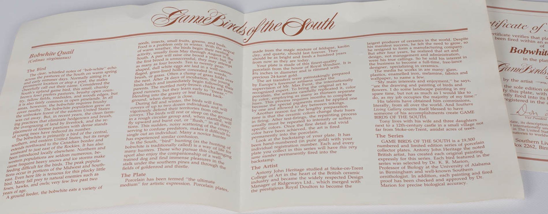 Southern Living "Game Birds of the South" Collector Plates