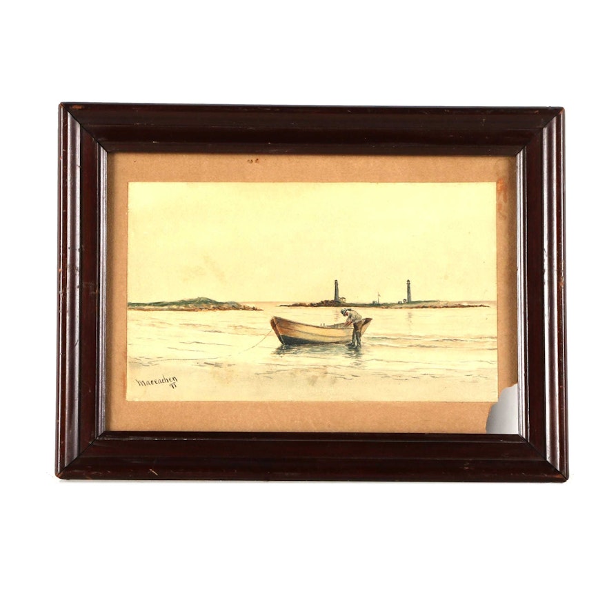 Maceachen Watercolor on Paper River Landscape with Fishing Boat