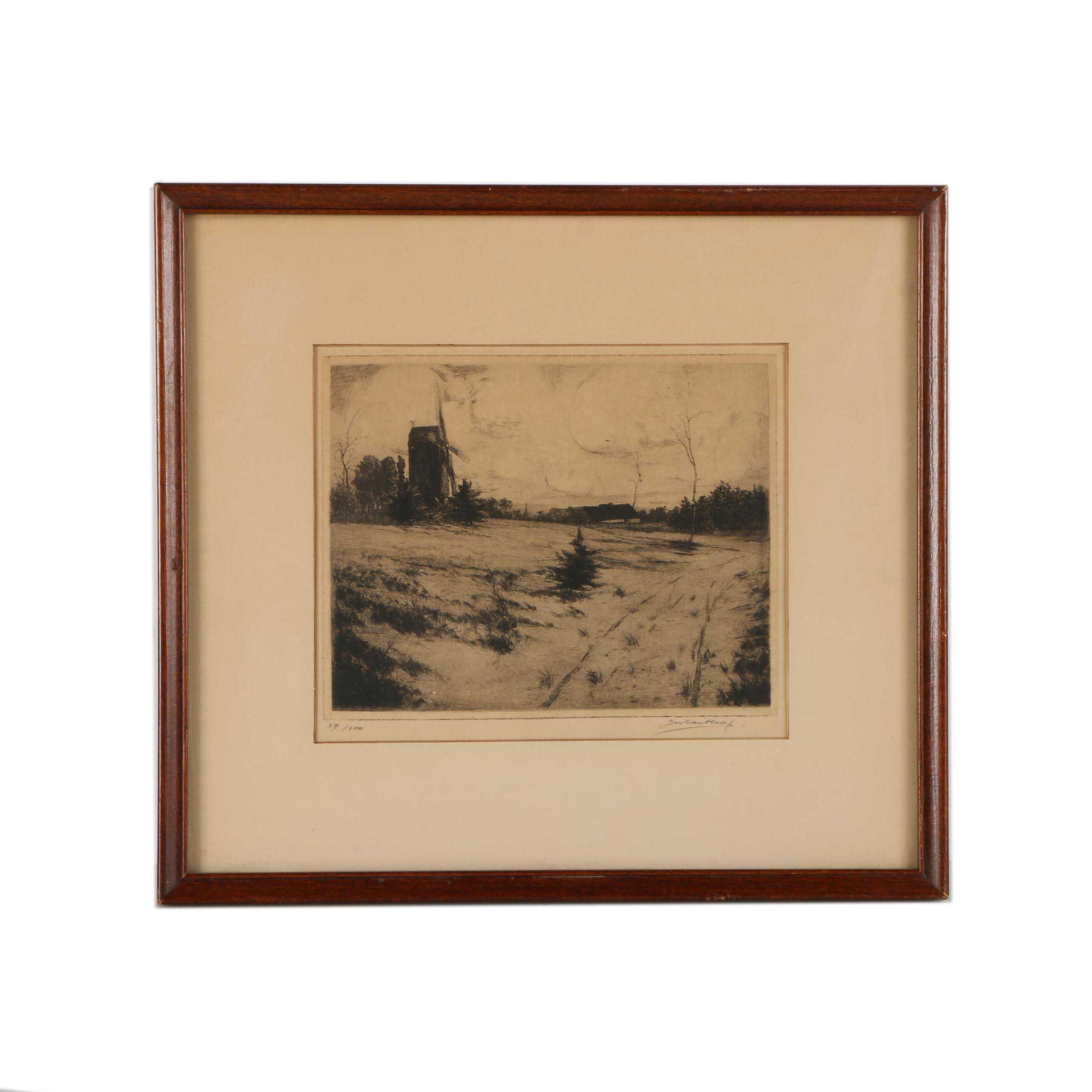 Jos. Van Hoof Limited Edition Etching of a Landscape