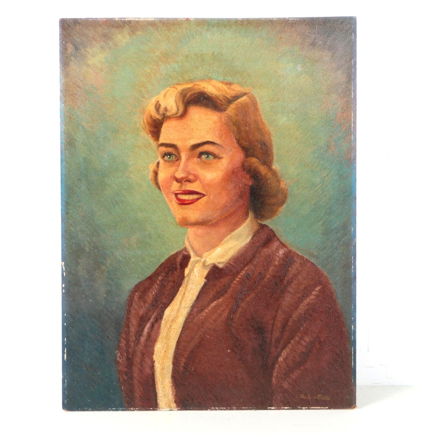 Carlo Nisita Mid-Century Oil Portrait on Canvas Board of Woman in Brown Jacket