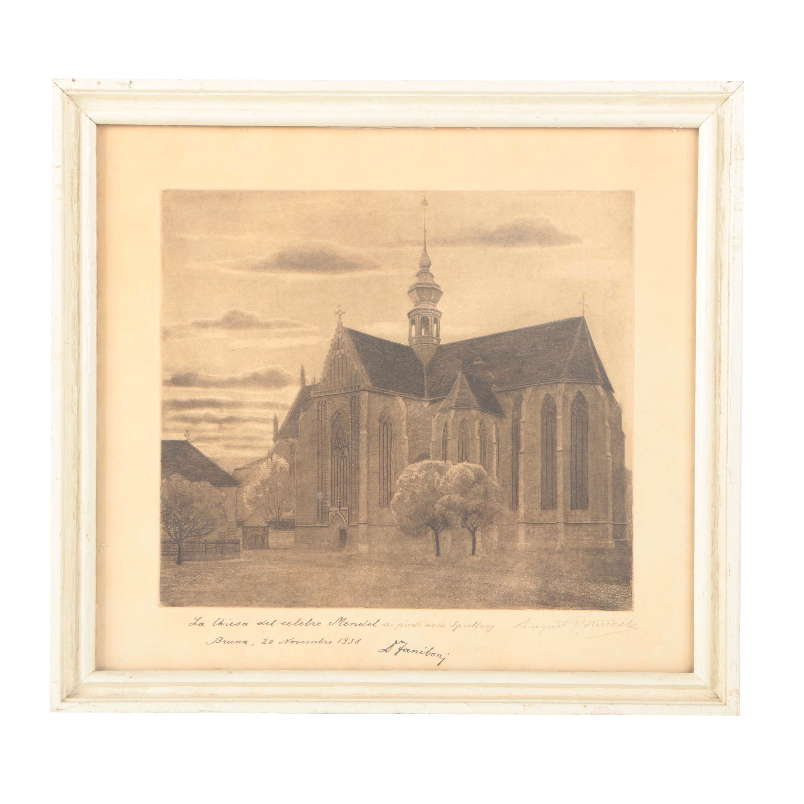 August Potuceck 1938 Etching With Aquatint on Paper "La Chiesa del Celebre Menobel"
