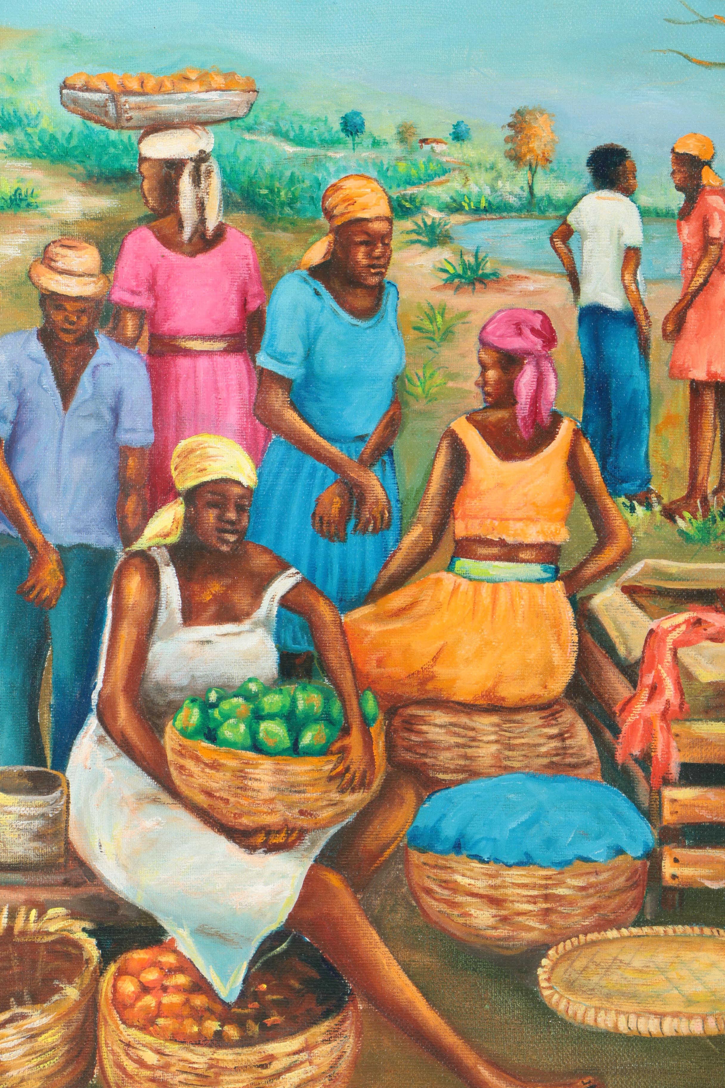 Signed Acrylic Painting on Canvas of a Caribbean Marketplace
