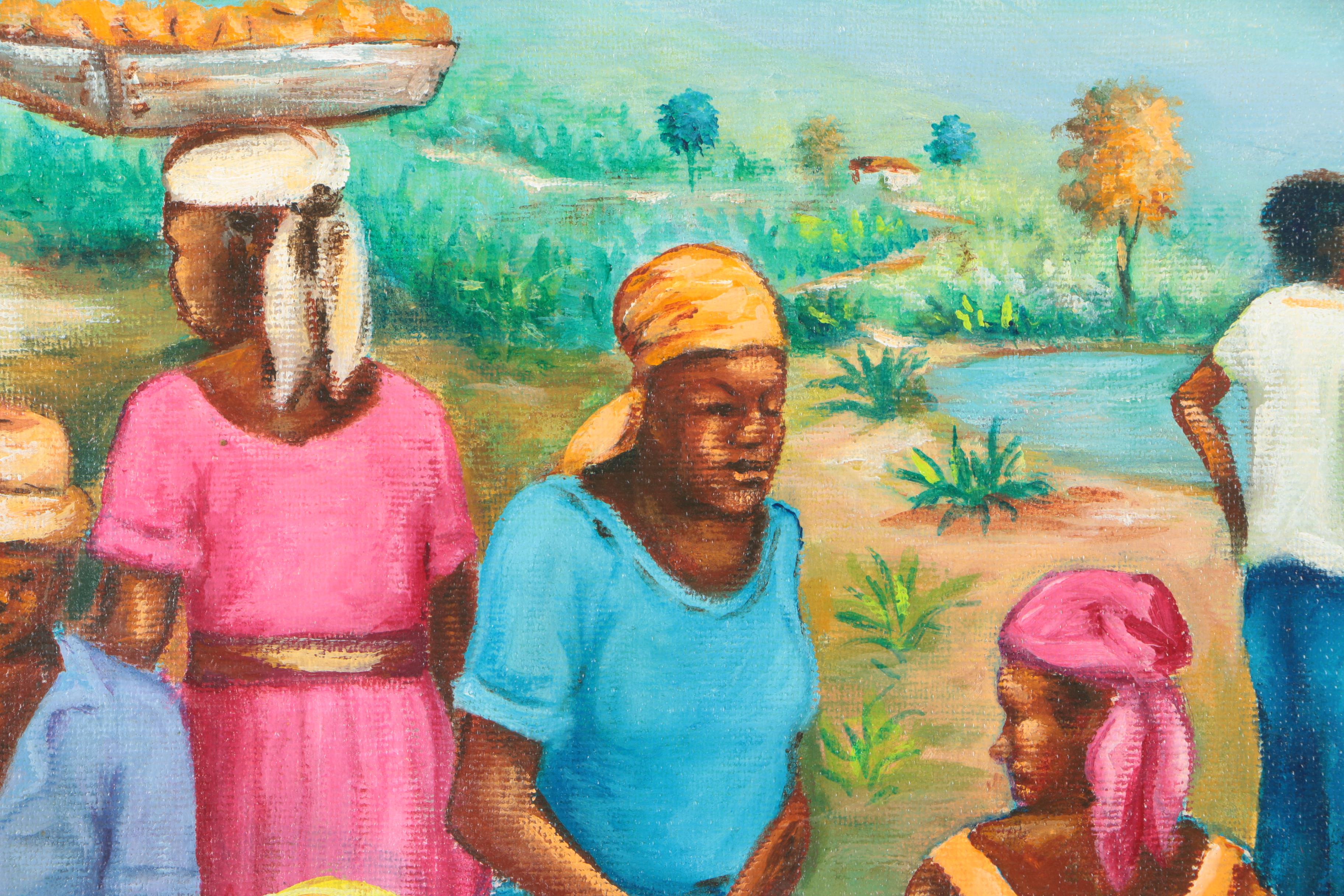Signed Acrylic Painting on Canvas of a Caribbean Marketplace