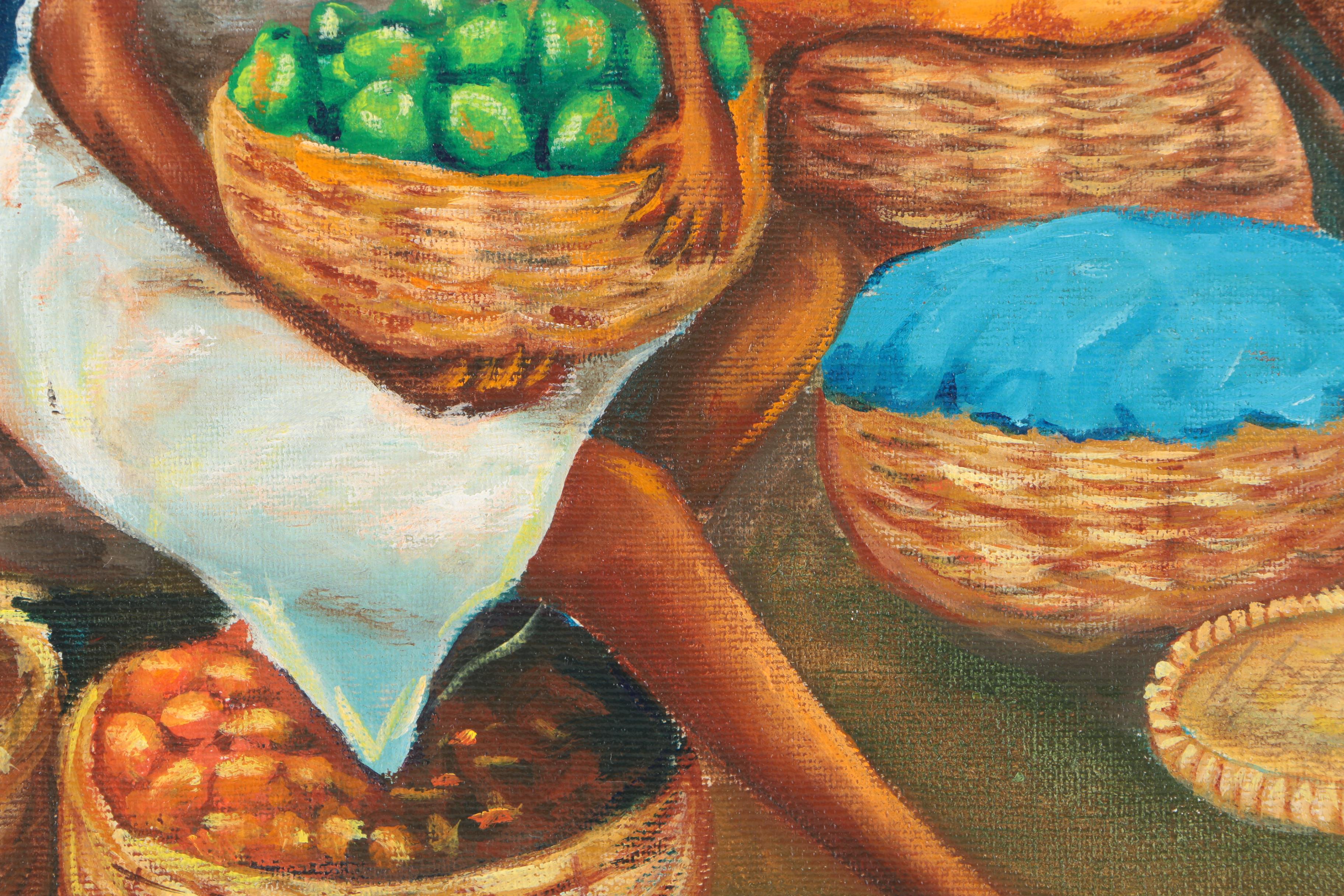 Signed Acrylic Painting on Canvas of a Caribbean Marketplace