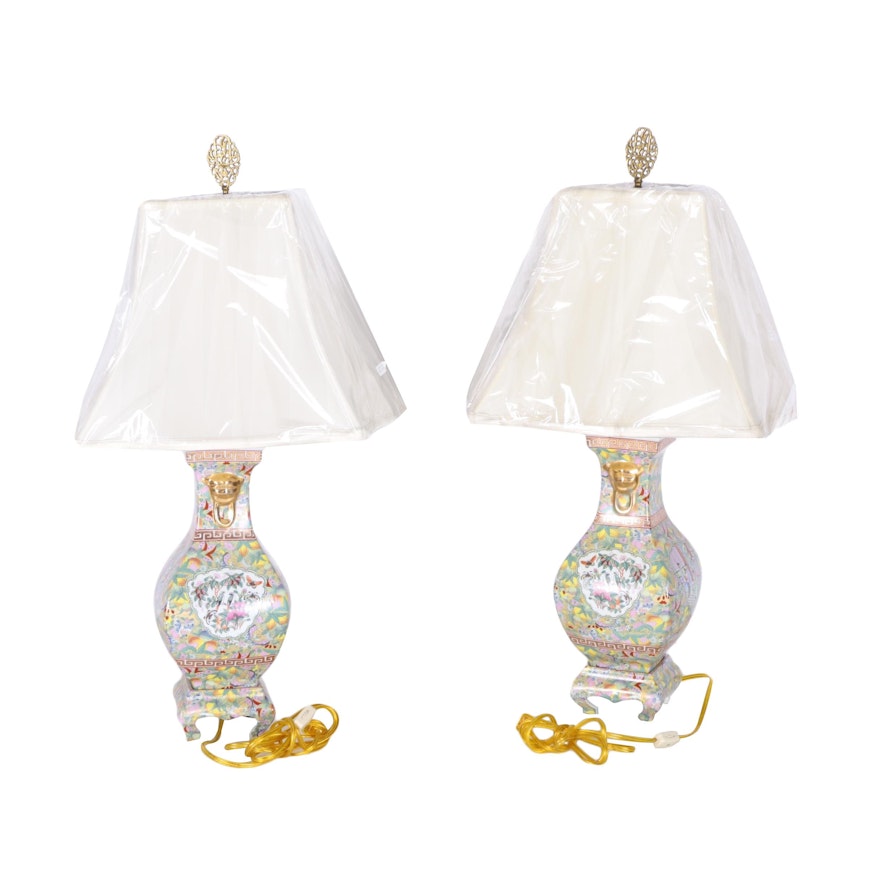 Asian Style Butterfly and Fruit Ceramic Lamps With Abode Shades