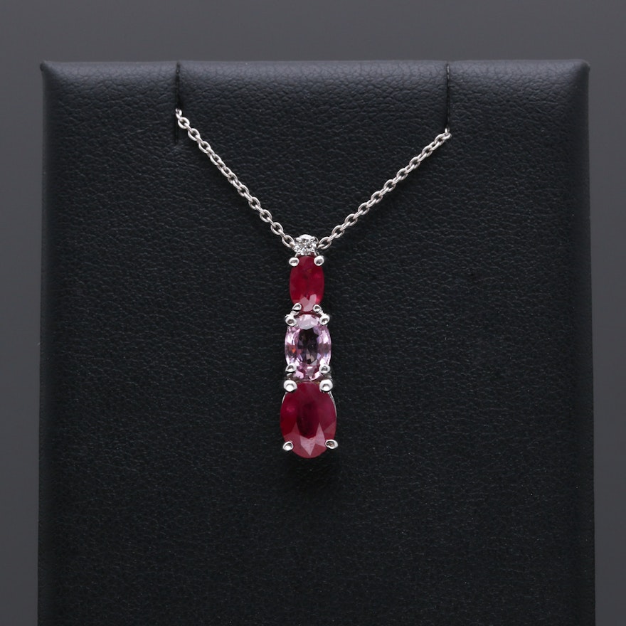 14K White Gold Ruby, Pink Sapphire, and Diamond Necklace