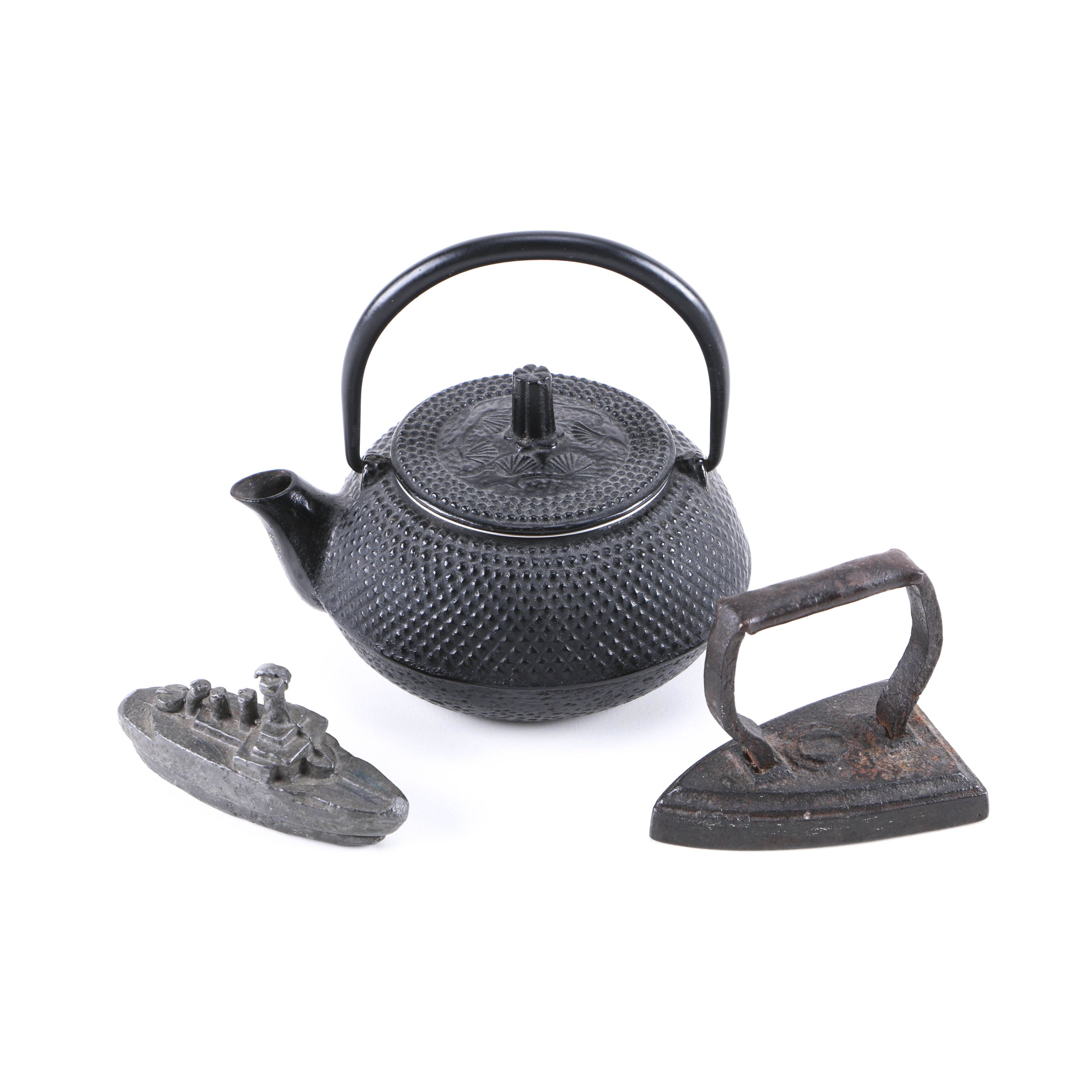 Cast Iron Tea Kettle, Vintage Sad Iron, and Lead Toy Boat
