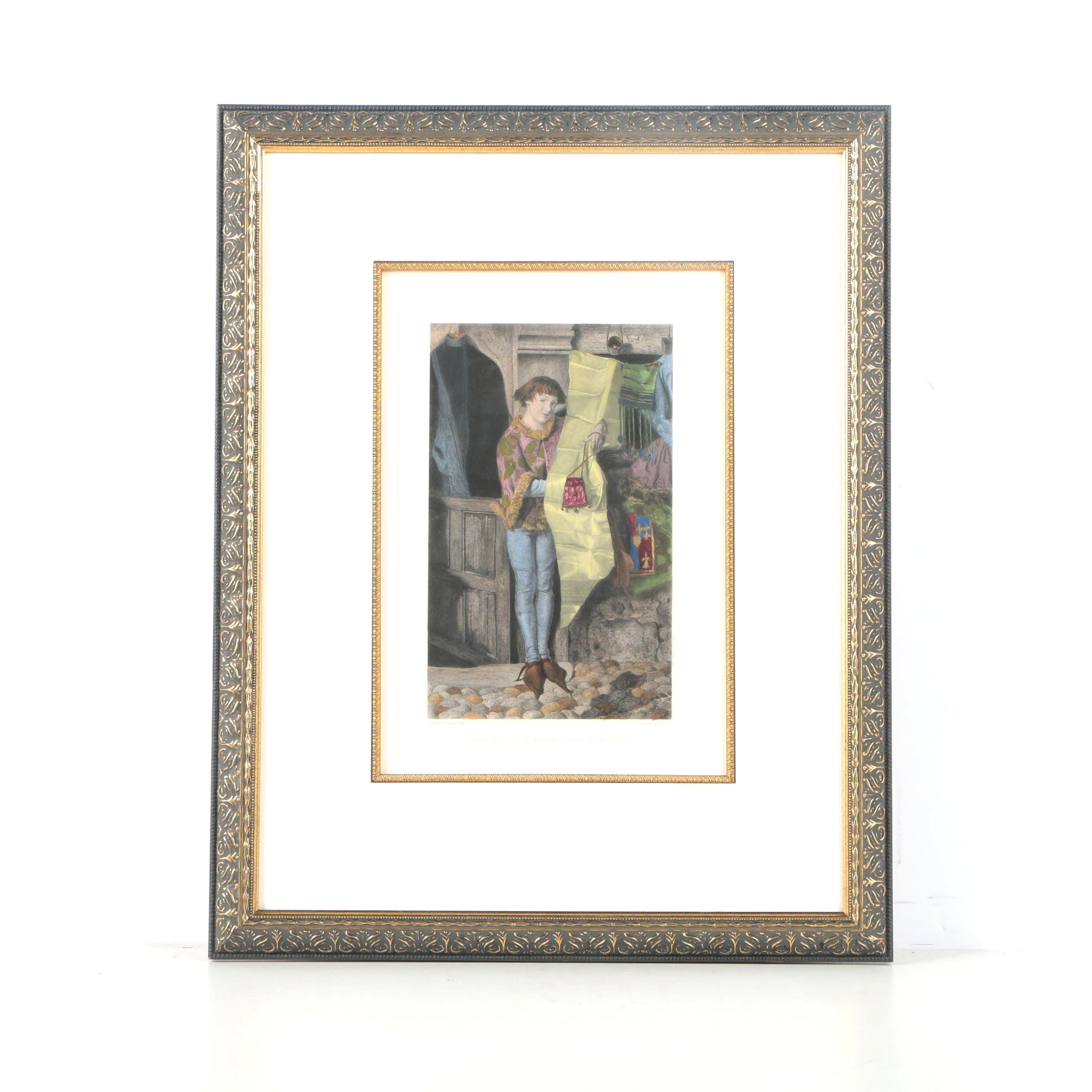 Hand Colored Wood Engraving "What D'Ye Lack, Madam? What D'Ye Lack?"