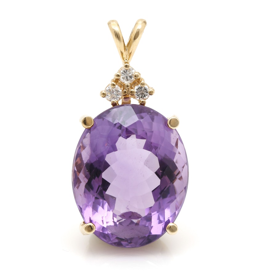 14K Yellow Gold 18.26 CT Amethyst and Diamond Pendant