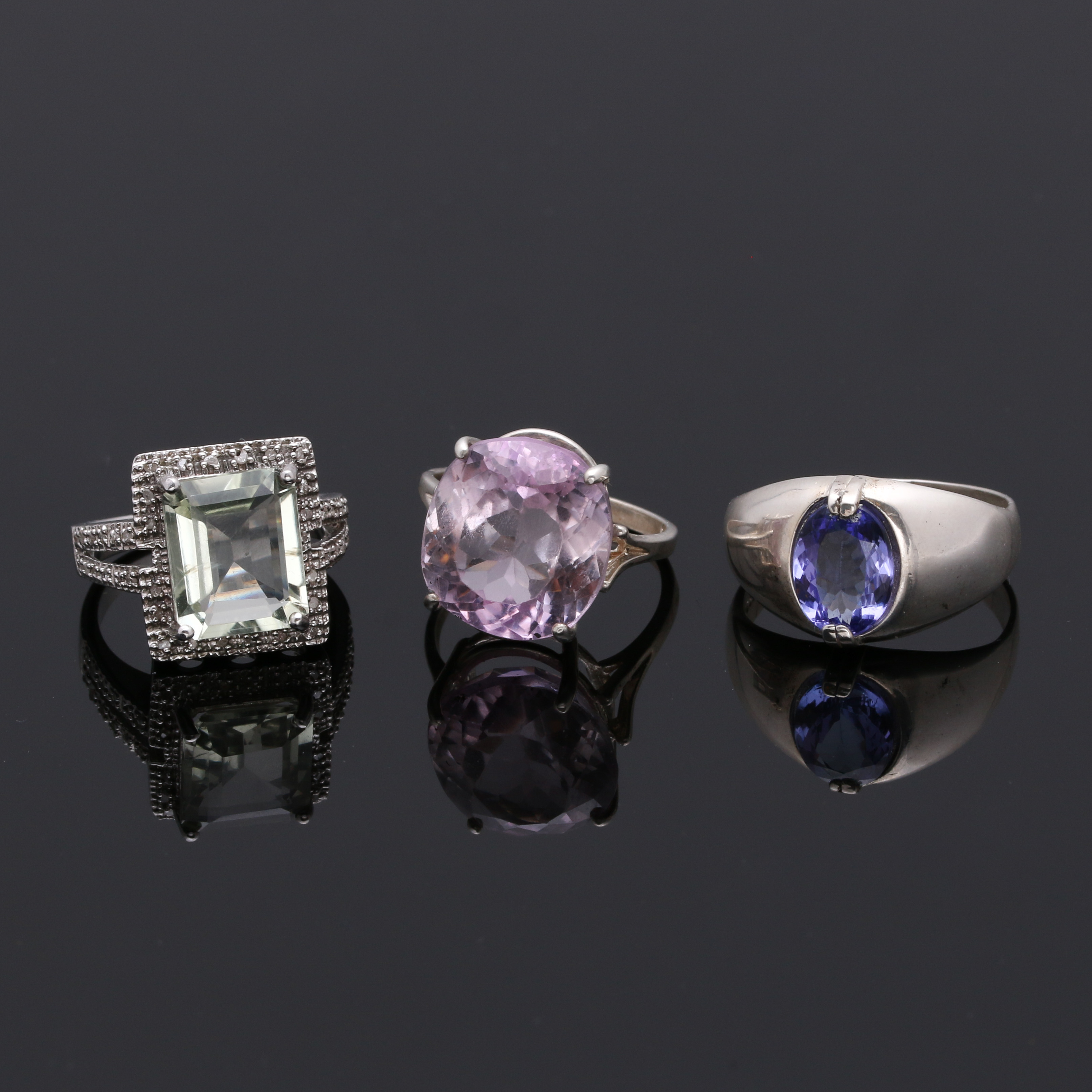 Sterling Silver Rings With Prasiolite, Kunzite, Tanzanite, and Diamonds