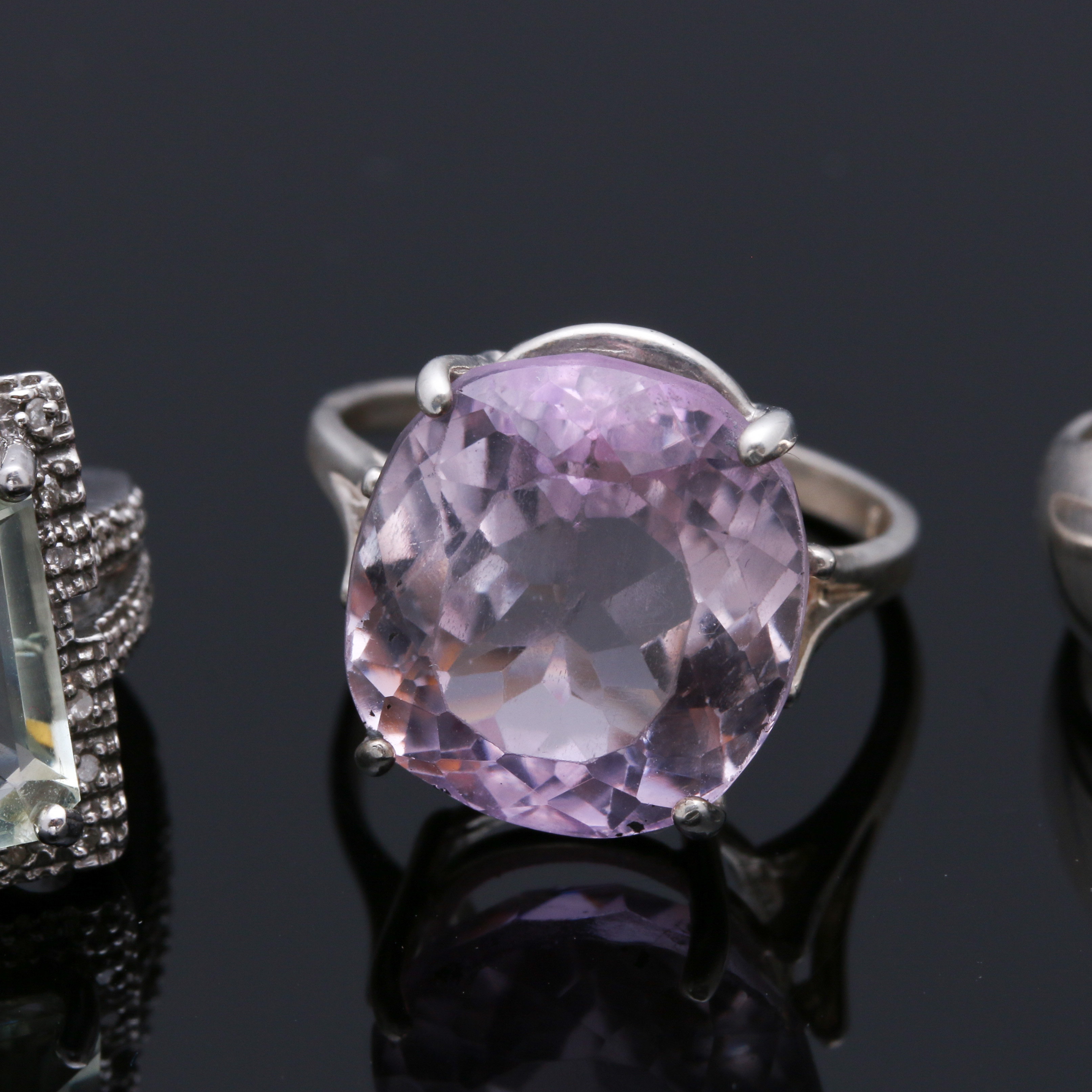 Sterling Silver Rings With Prasiolite, Kunzite, Tanzanite, and Diamonds