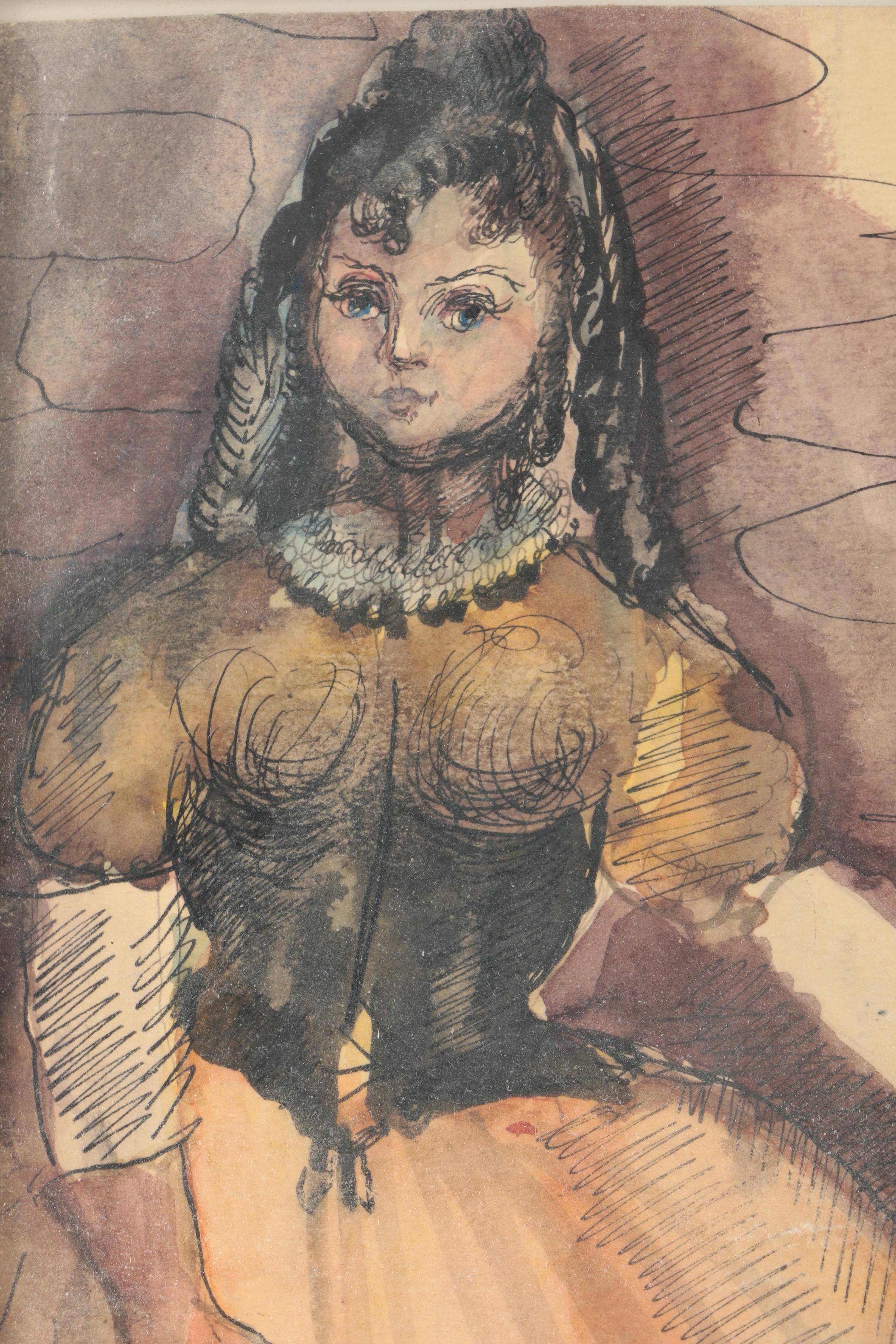 Framed Watercolor Painting of Young Woman