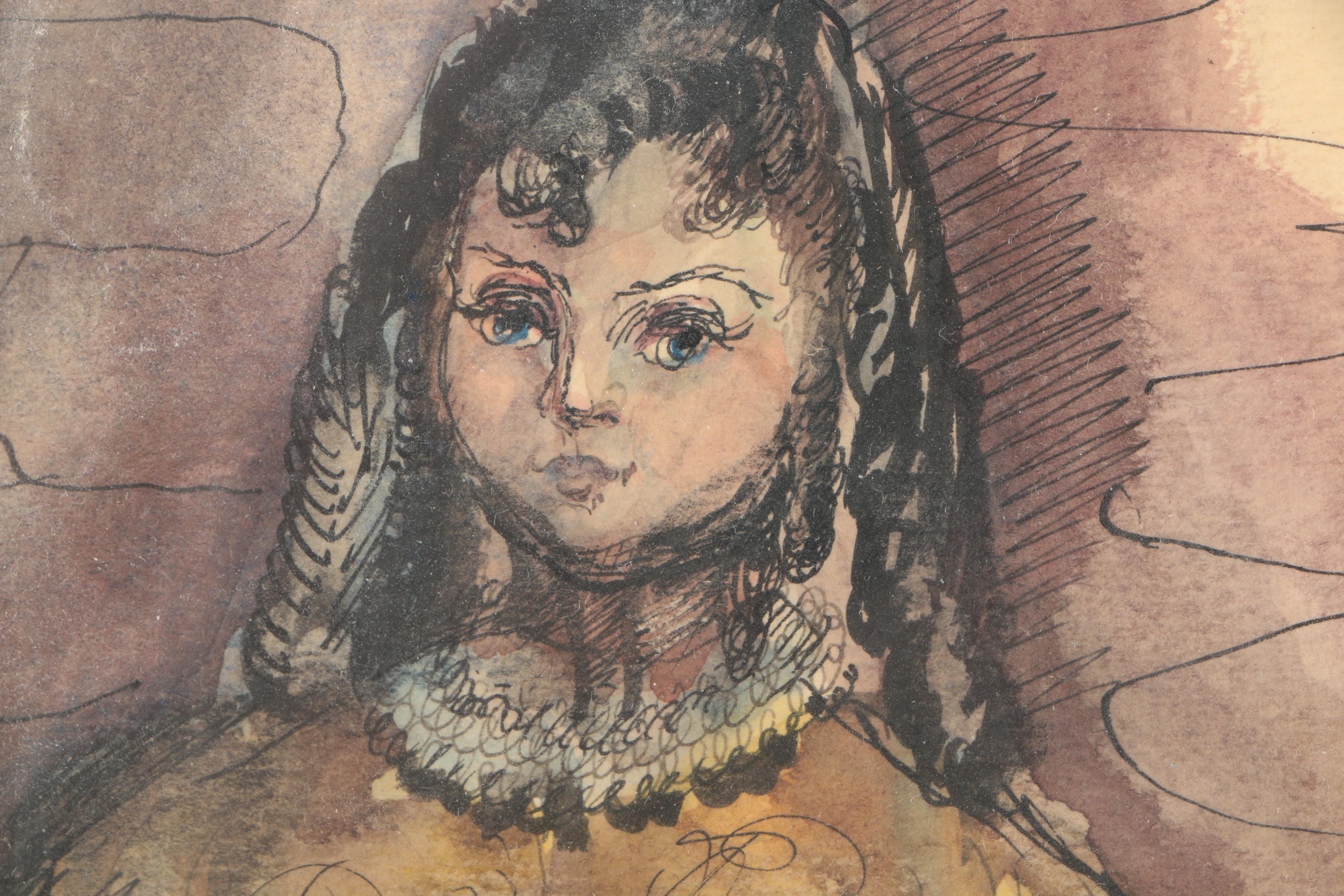 Framed Watercolor Painting of Young Woman