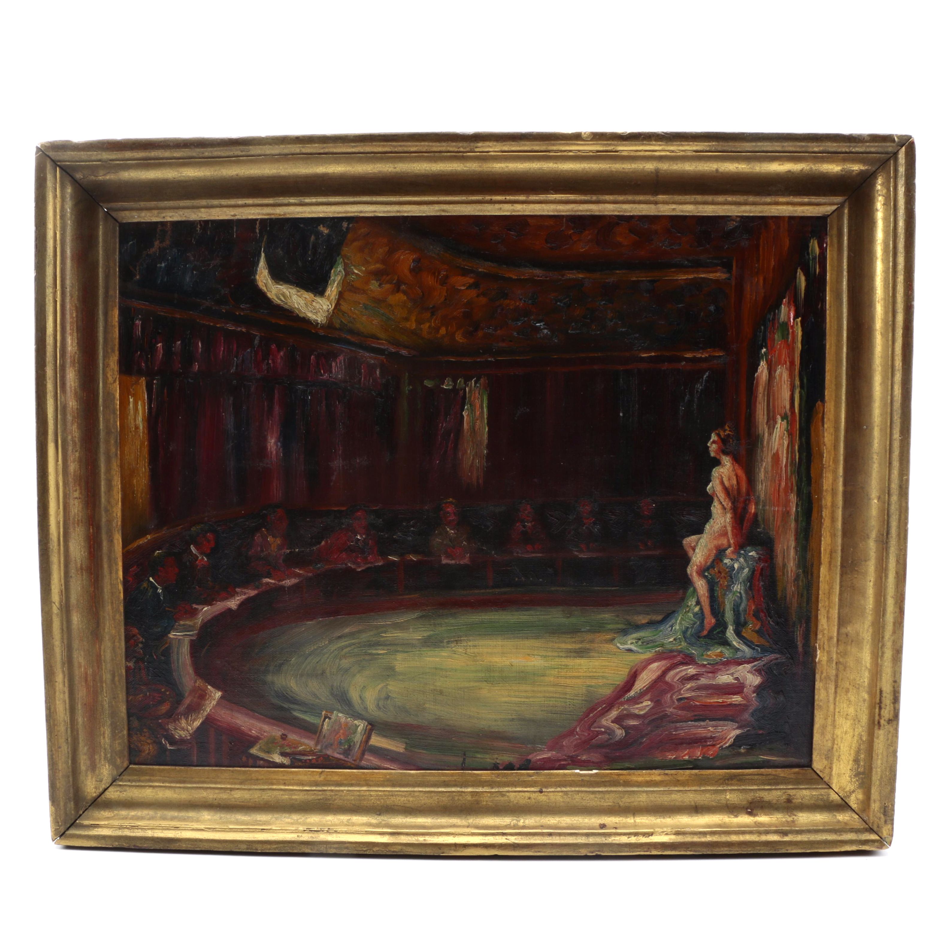 Early 20th Century Oil Painting on Canvas Board of Artists Painting a Nude Figure