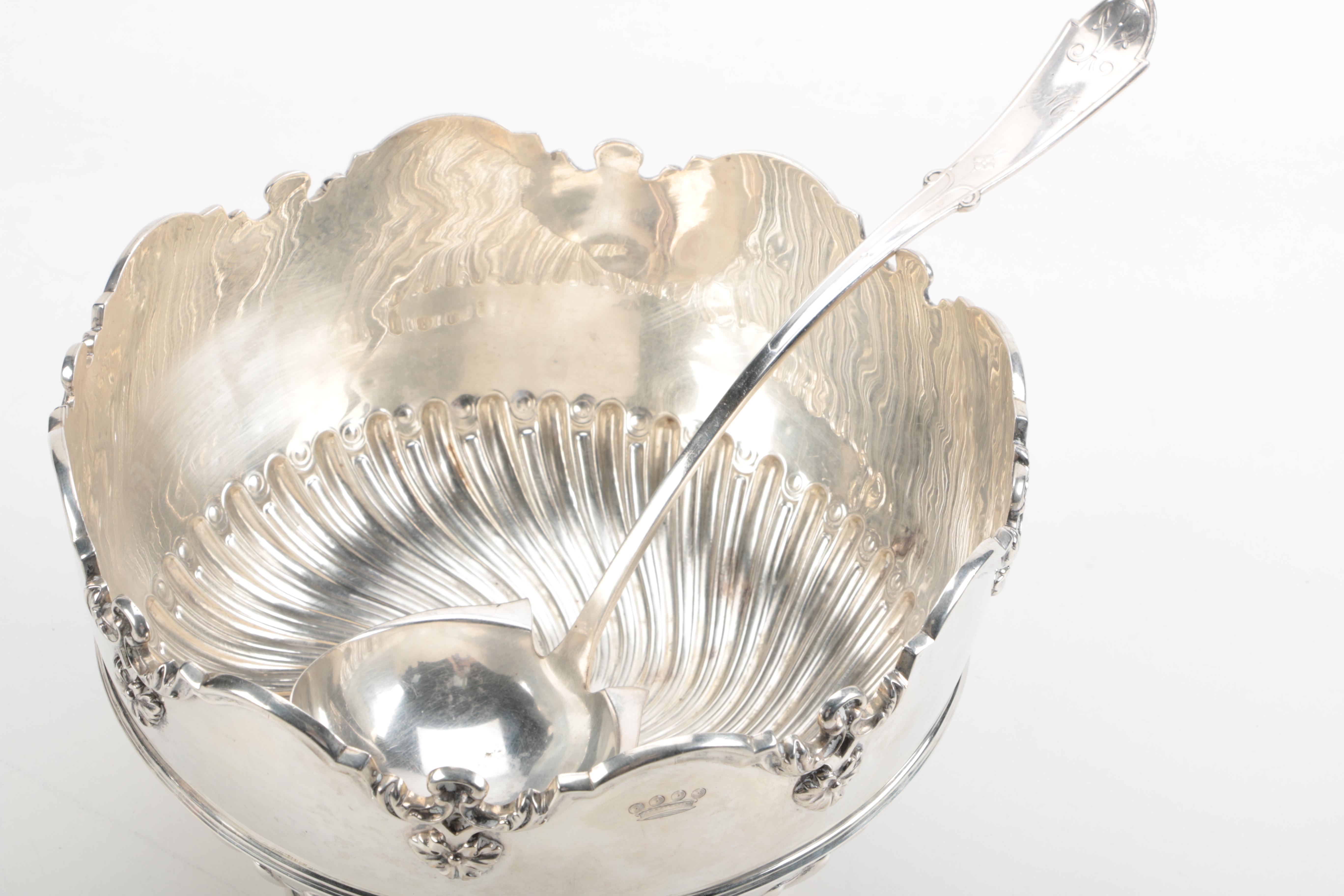 William Hutton & Sons Sterling Punch Bowl and Reed & Barton Silver Plate Ladle