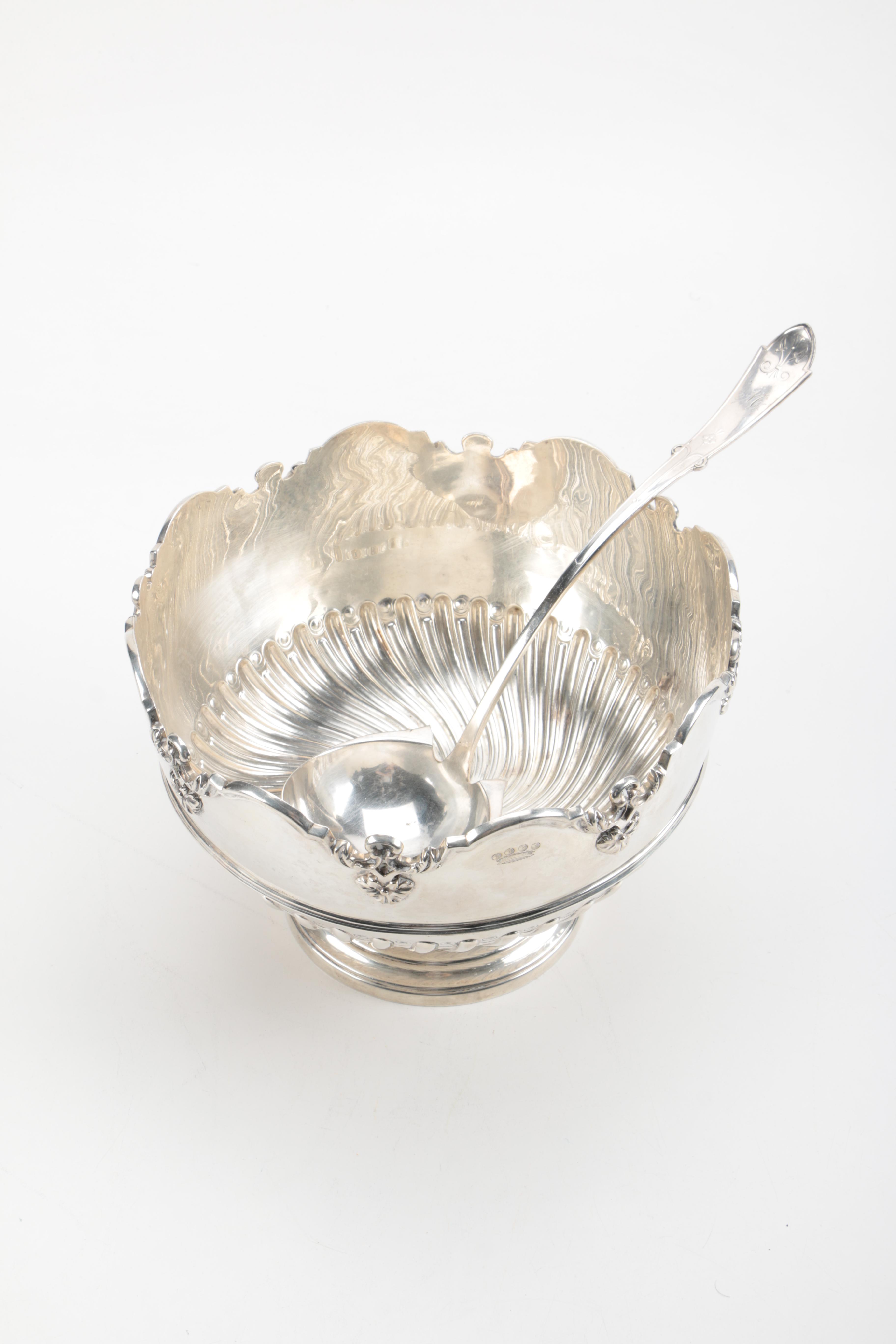 William Hutton & Sons Sterling Punch Bowl and Reed & Barton Silver Plate Ladle