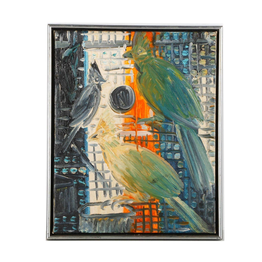 Hunt Slonem Original 1988 Oil on Canvas of Three Birds in a Cage