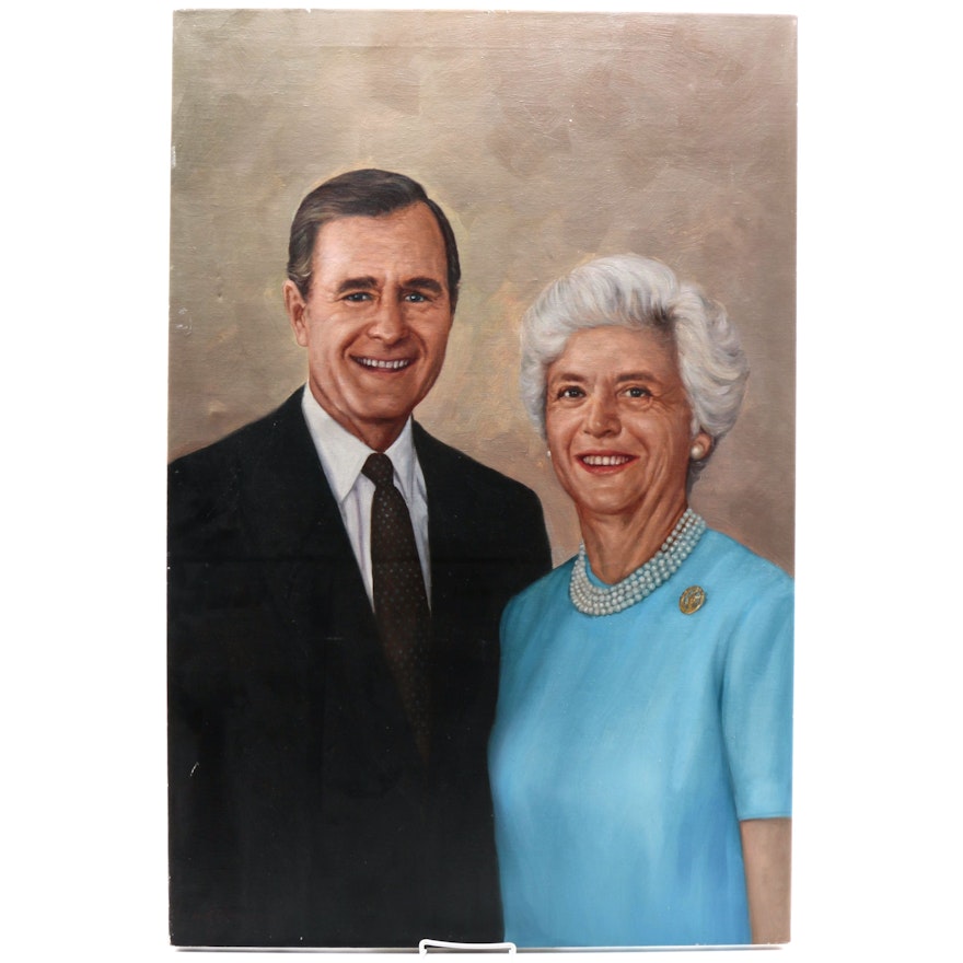 Oil Portrait on Canvas of President George Herbert Walker Bush and First Lady Barbara Bush