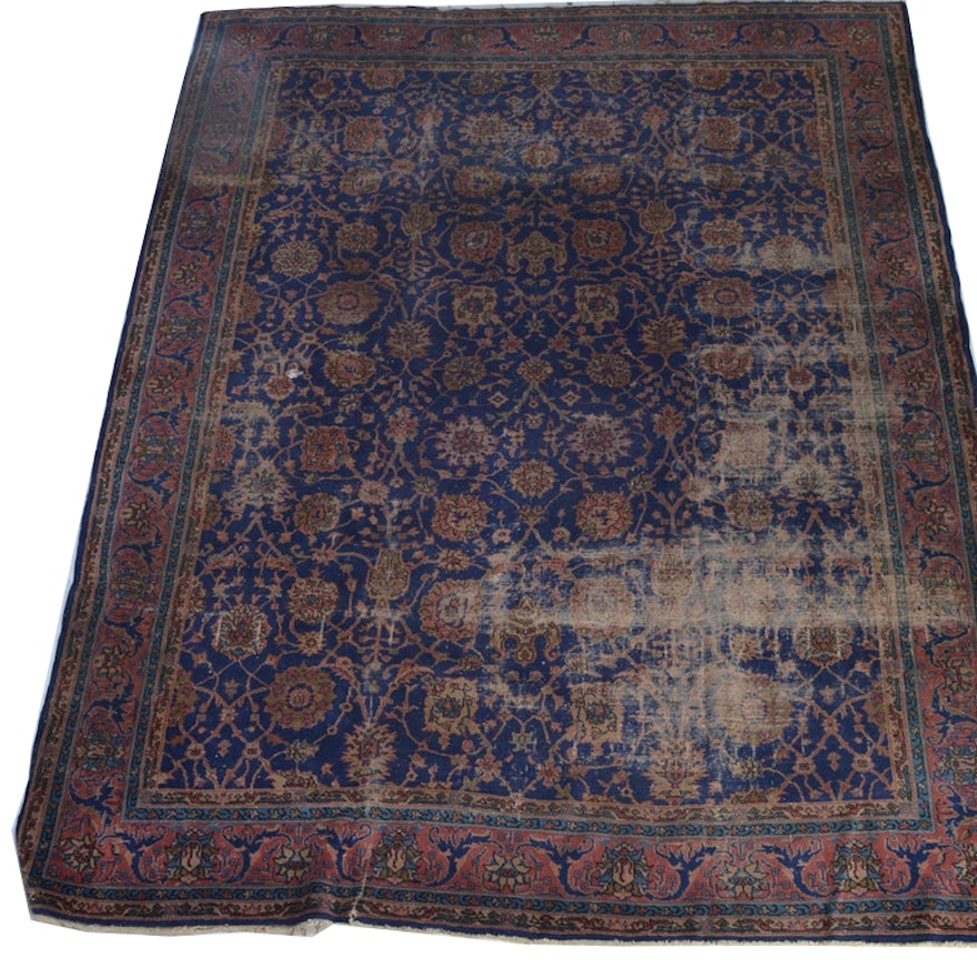 Antique Hand-Knotted Wool Kashan Area Rug